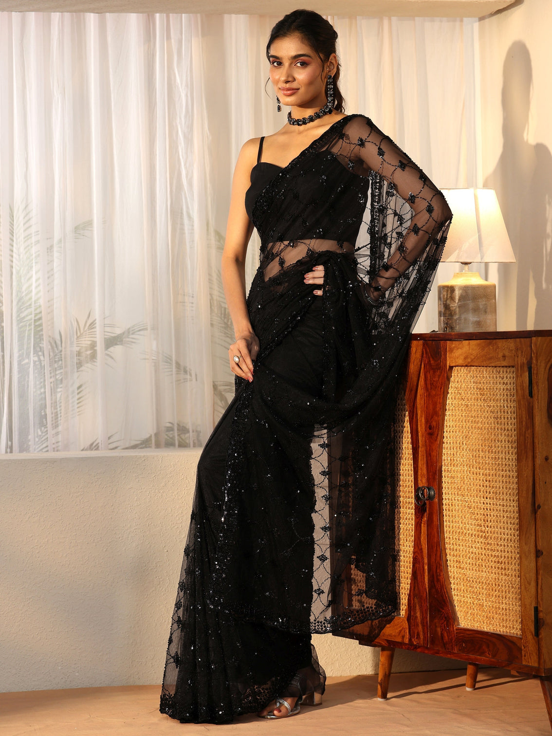 Mameraa Black Sequin Embellished Net Saree