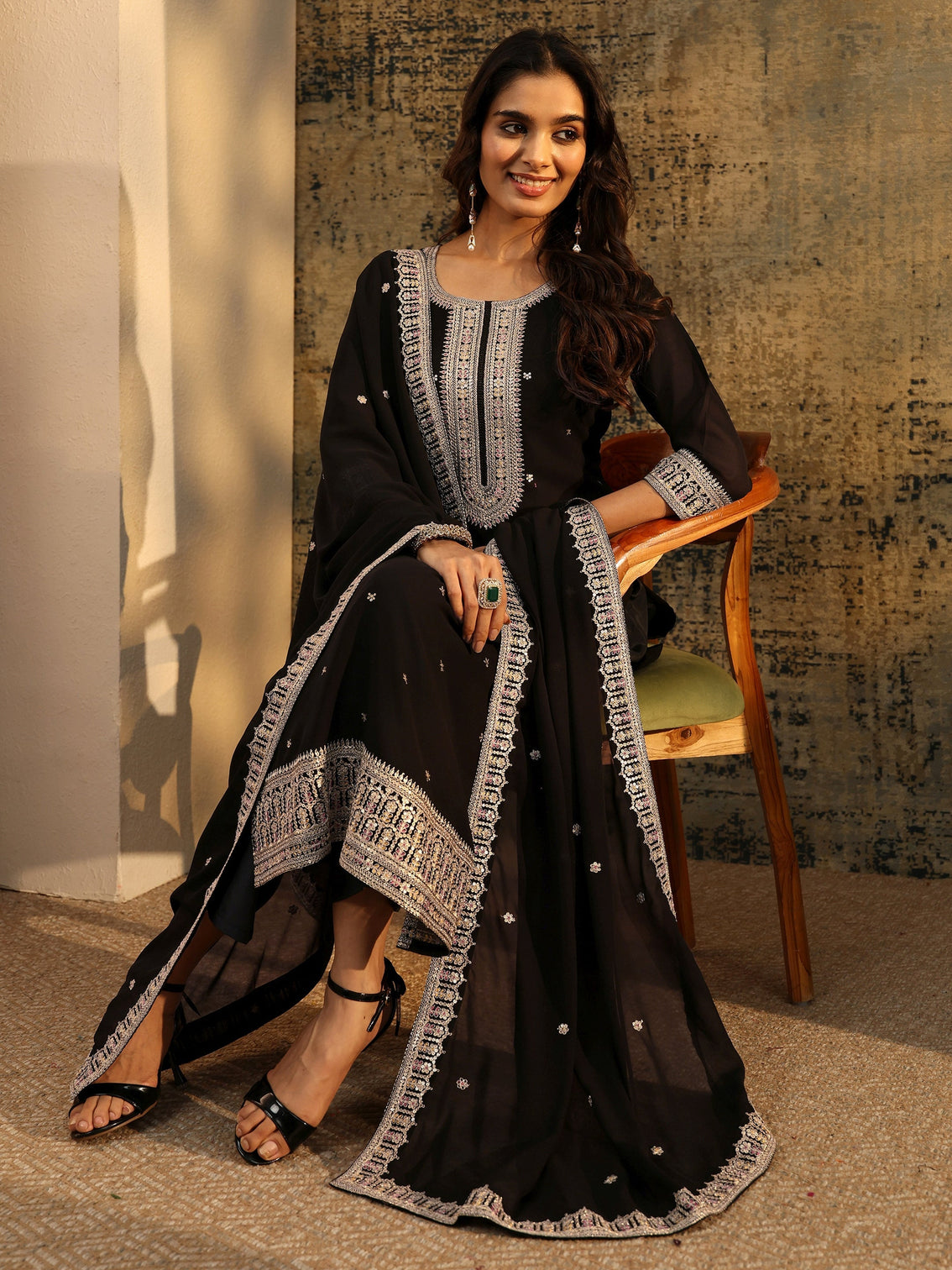 Mameraa Black Sequins Embellished Georgette Straight Suit Set