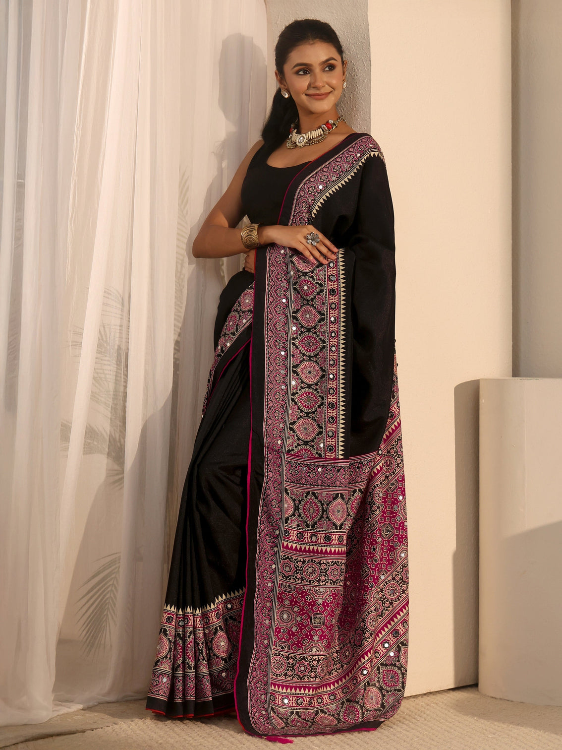 Mameraa Black Silk Blend Saree with Ajrakh Printed Pallu