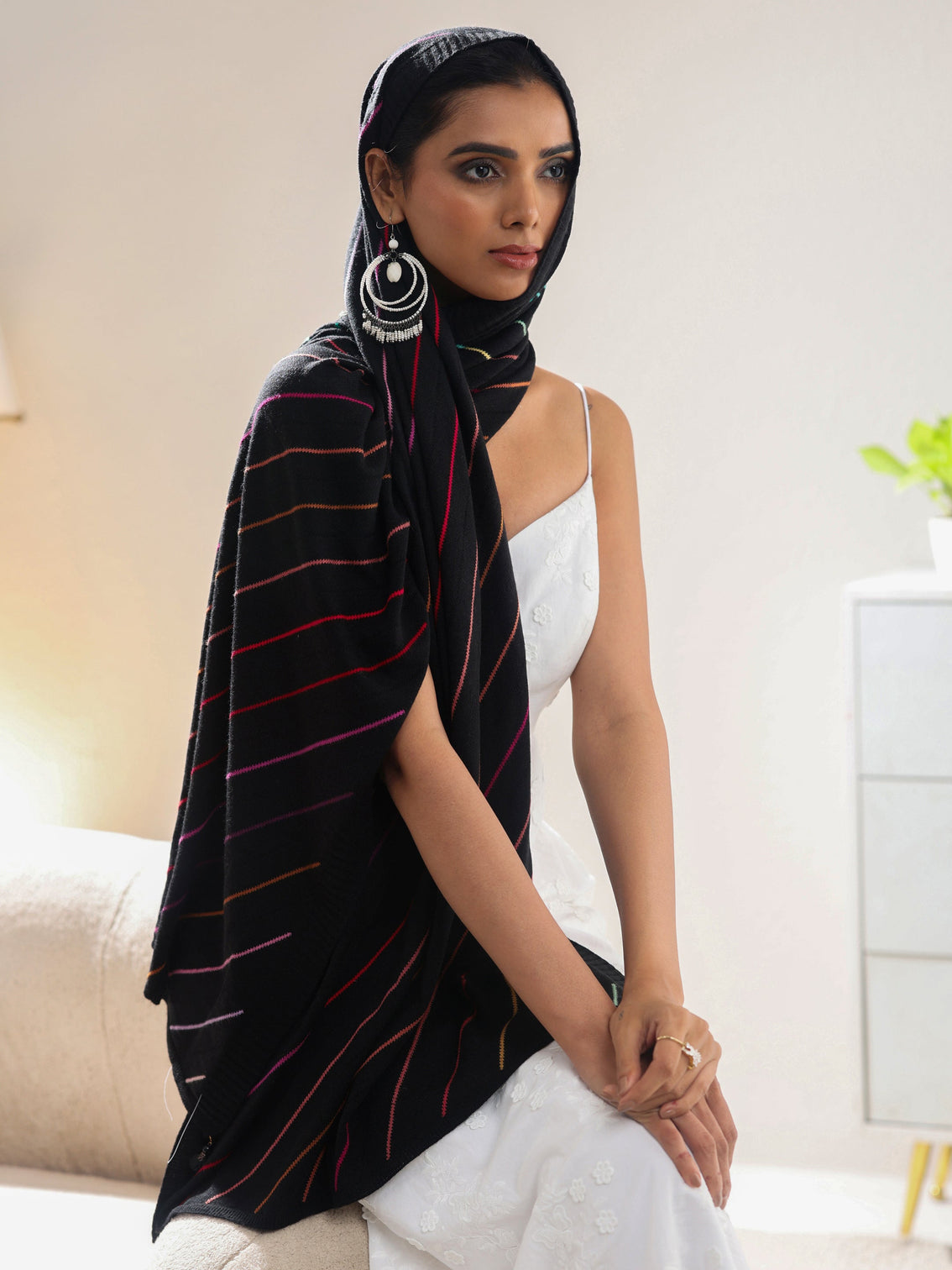 Mameraa Black Striped Knitted Acrylic Shawl