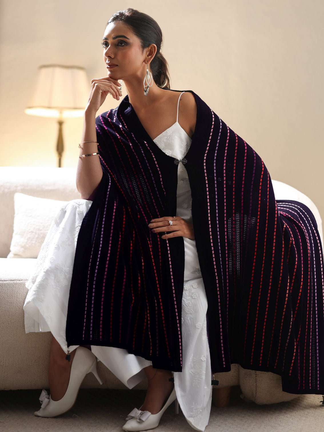 Mameraa Black Striped Knitted Acrylic Wrap Shawl