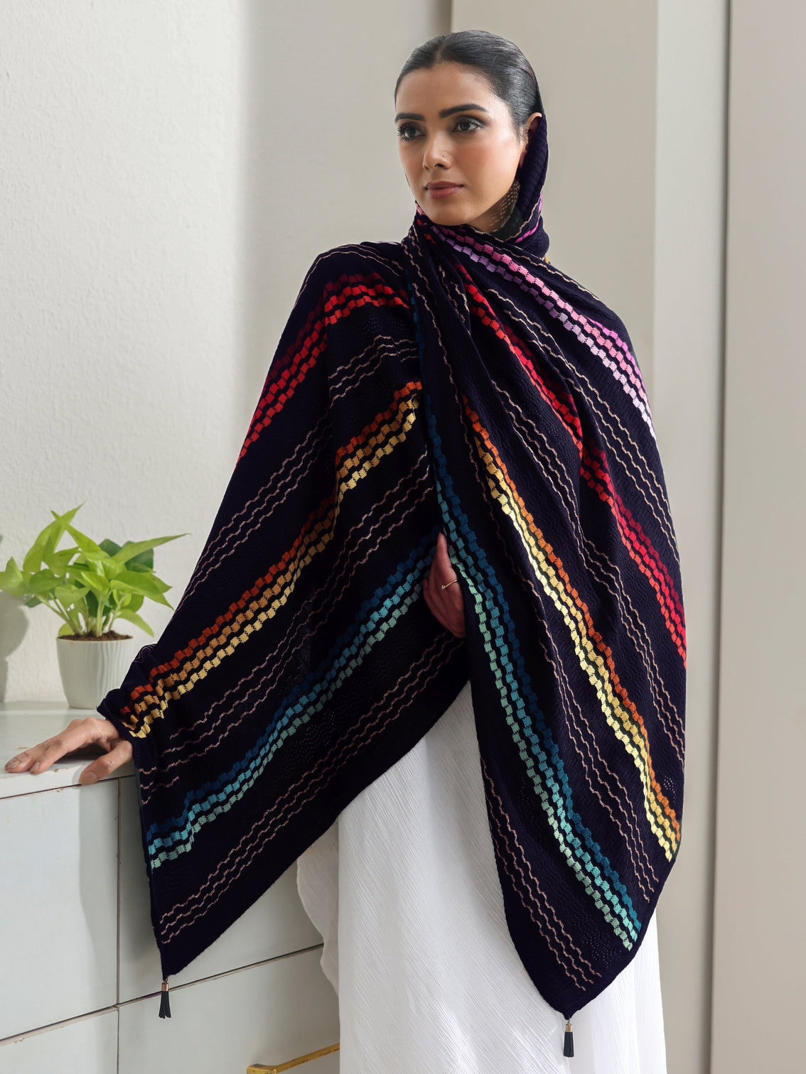Mameraa Black Striped Knitted Acrylic Wrap Shawl