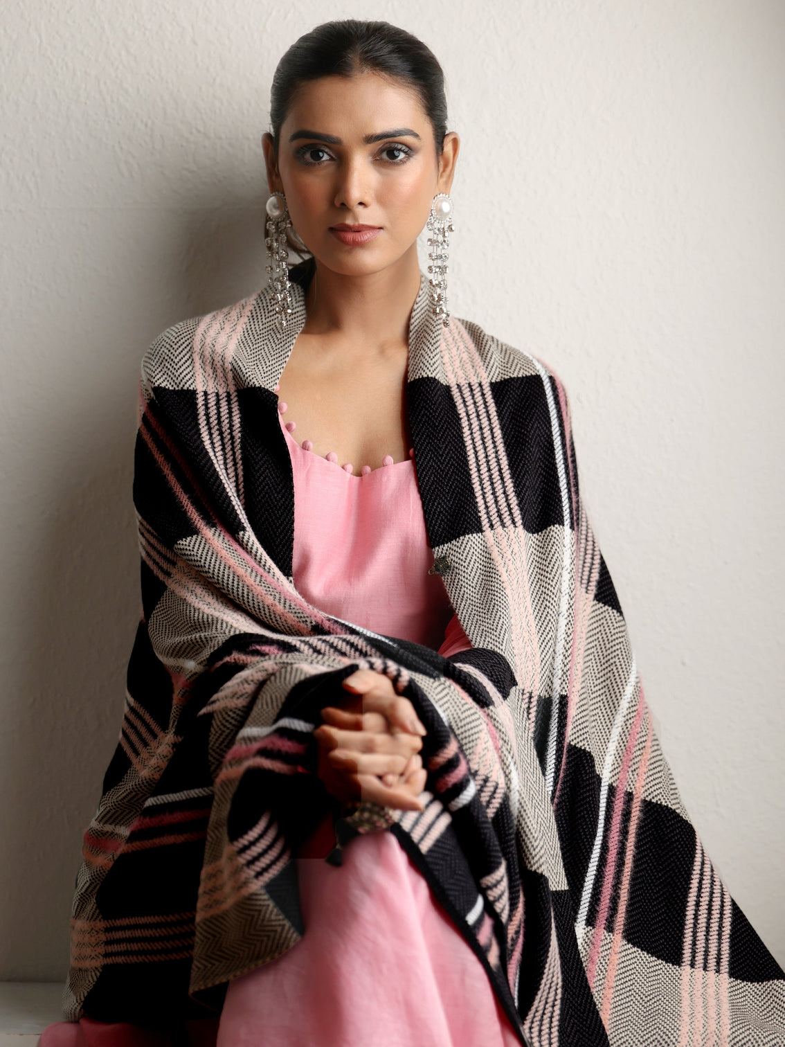 Mameraa Black Striped Knitted Acrylic Wrap Shawl