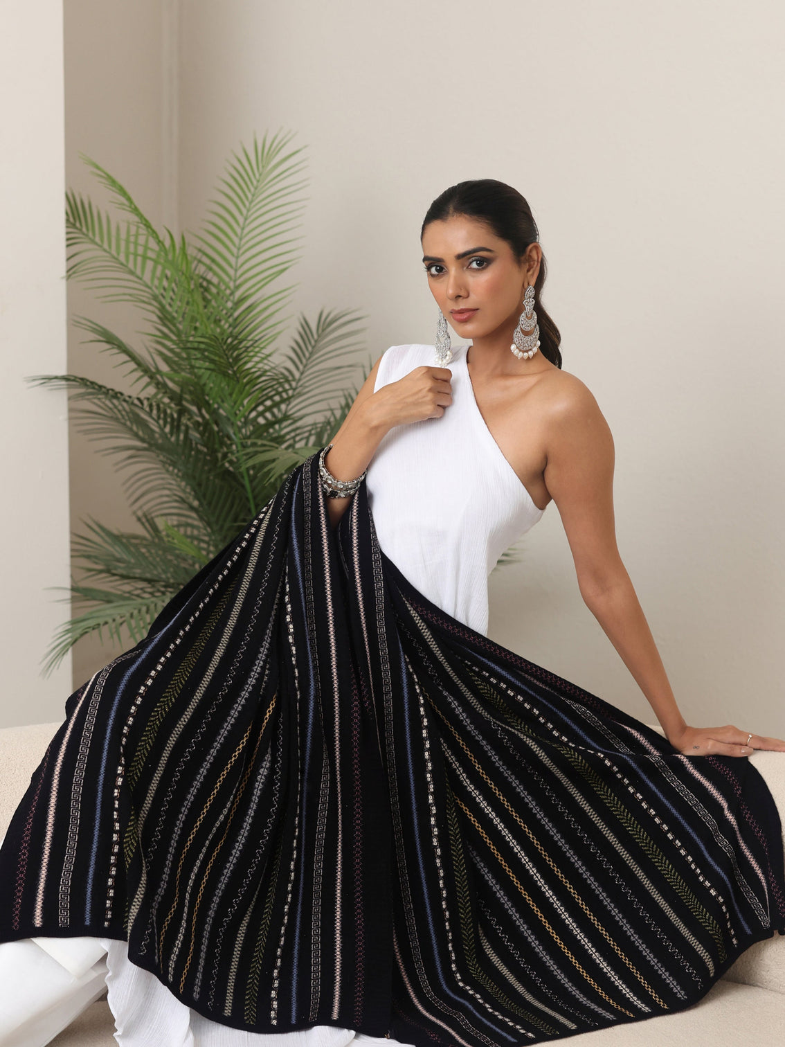 Mameraa Black Striped Knitted Acrylic Wrap Shawl