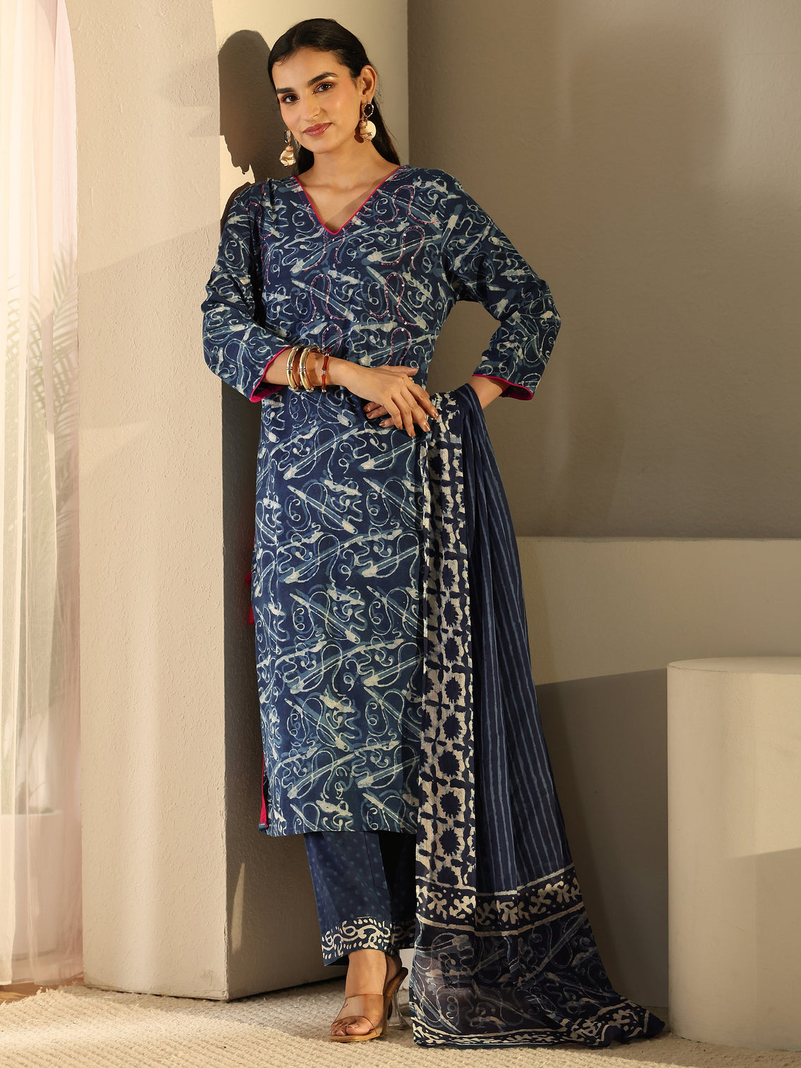 Mameraa Blue Abstract Printed Cotton Straight Suit Set