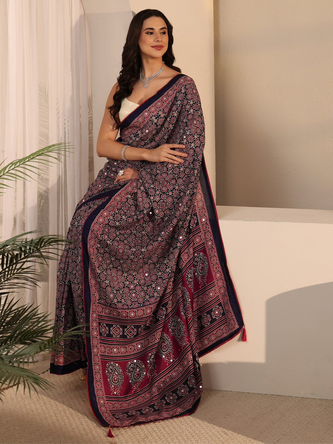 Mameraa Blue Ajrakh Printed Silk Blend Saree