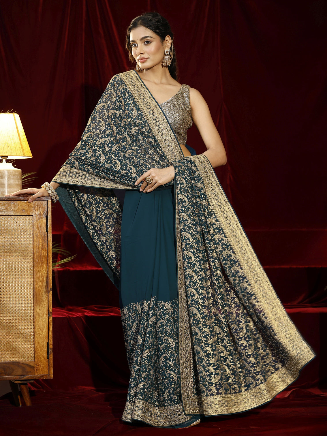 Mameraa Blue Embroidered Georgette Saree