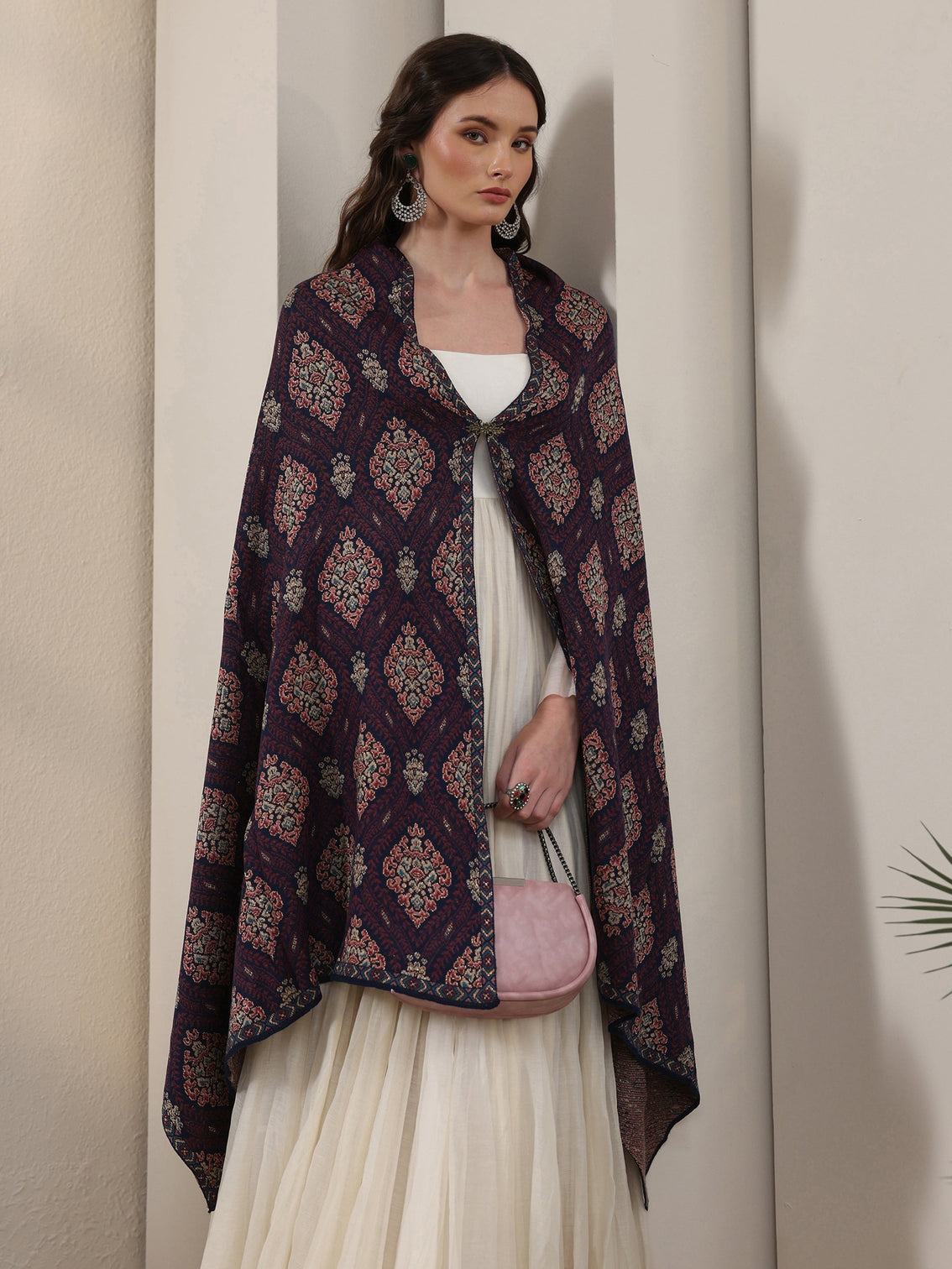 Mameraa Blue Ethnic Knitted Acrylic Wrap Shawl
