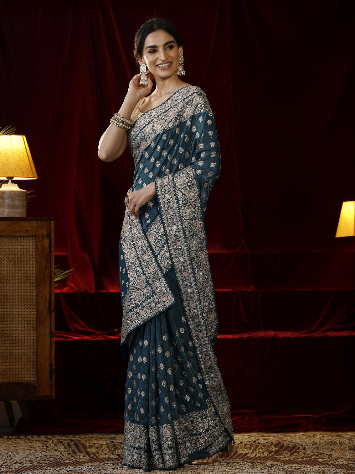 Mameraa Blue Ethnic Motif Embroidered Satin Saree