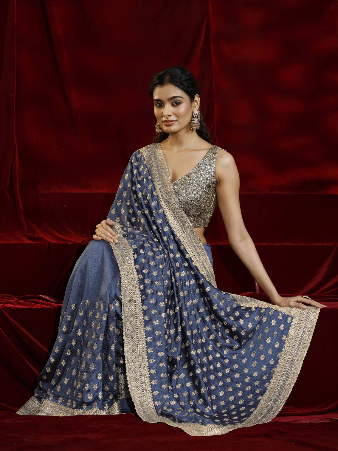 Mameraa Blue Ethnic Motif Embroidered Silk blend Saree