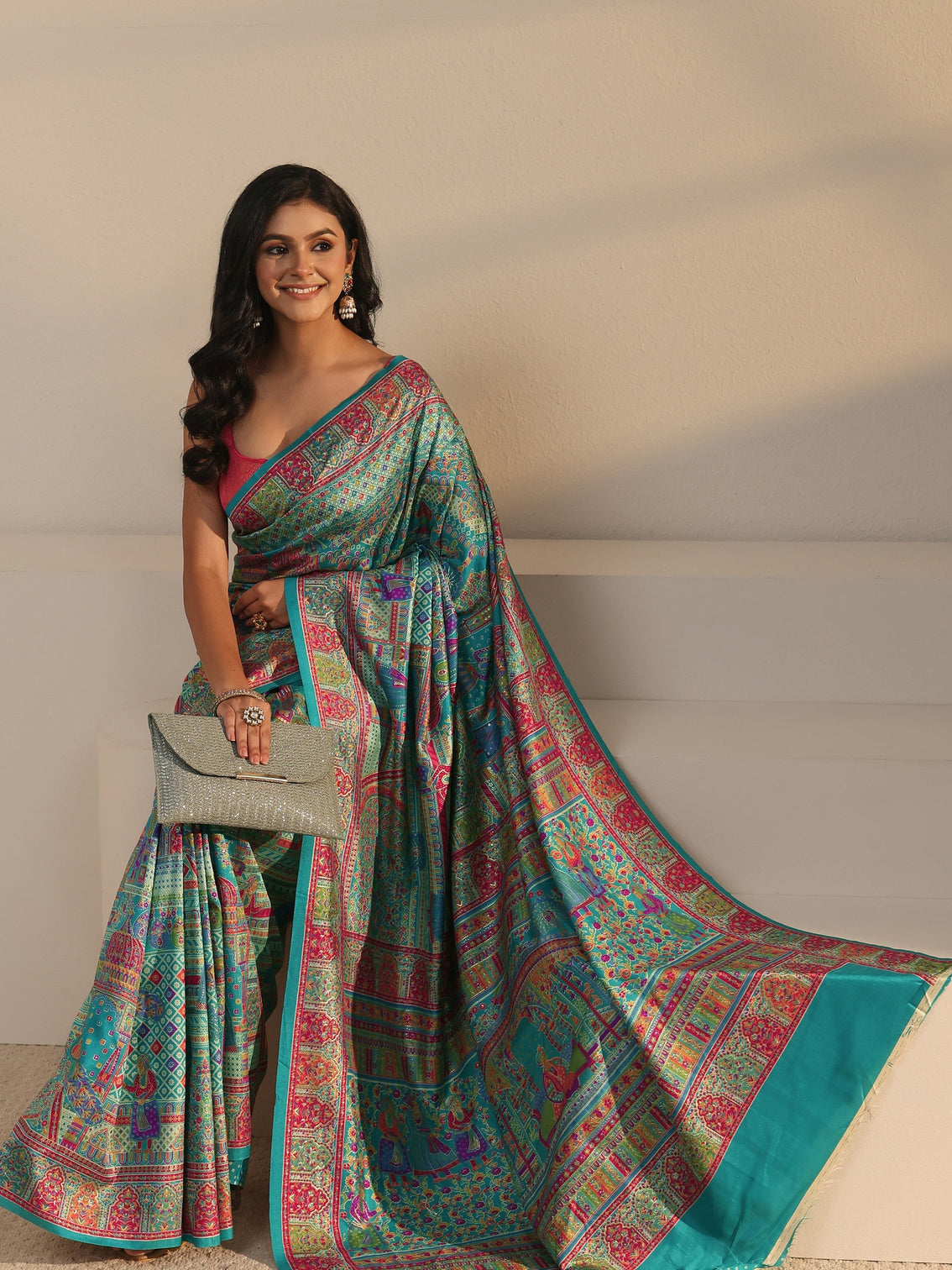 Mameraa Blue Ethnic Printed Silk Blend Saree