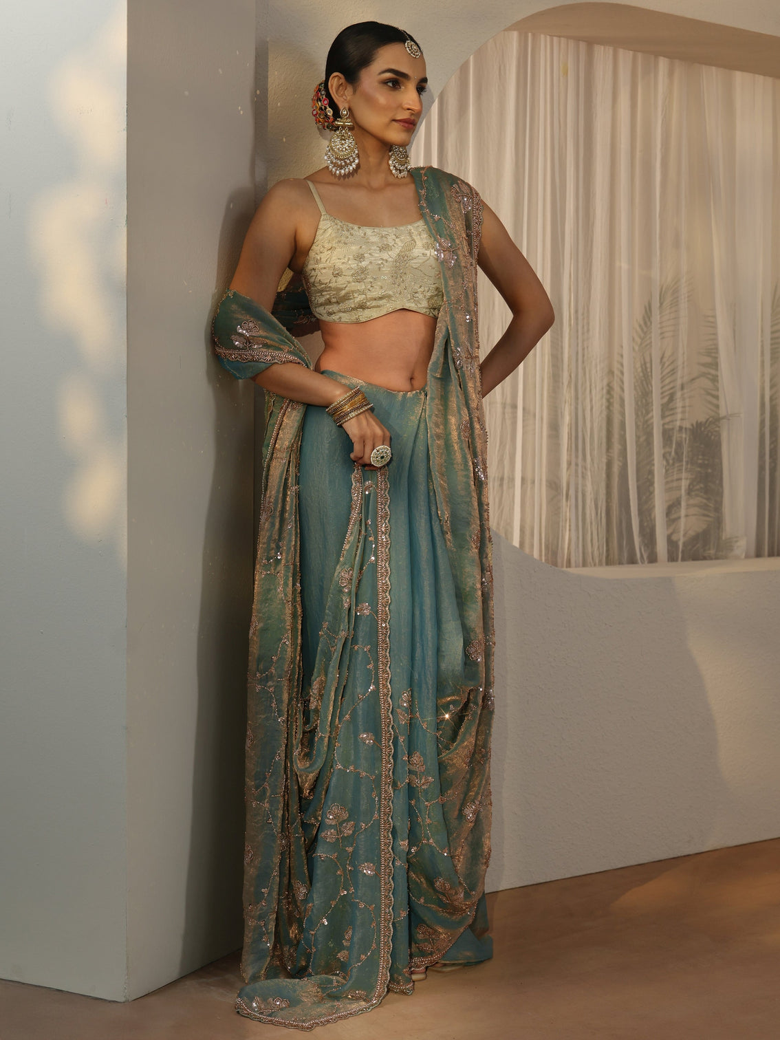 Mameraa Blue Floral Embellished Tissue Saree