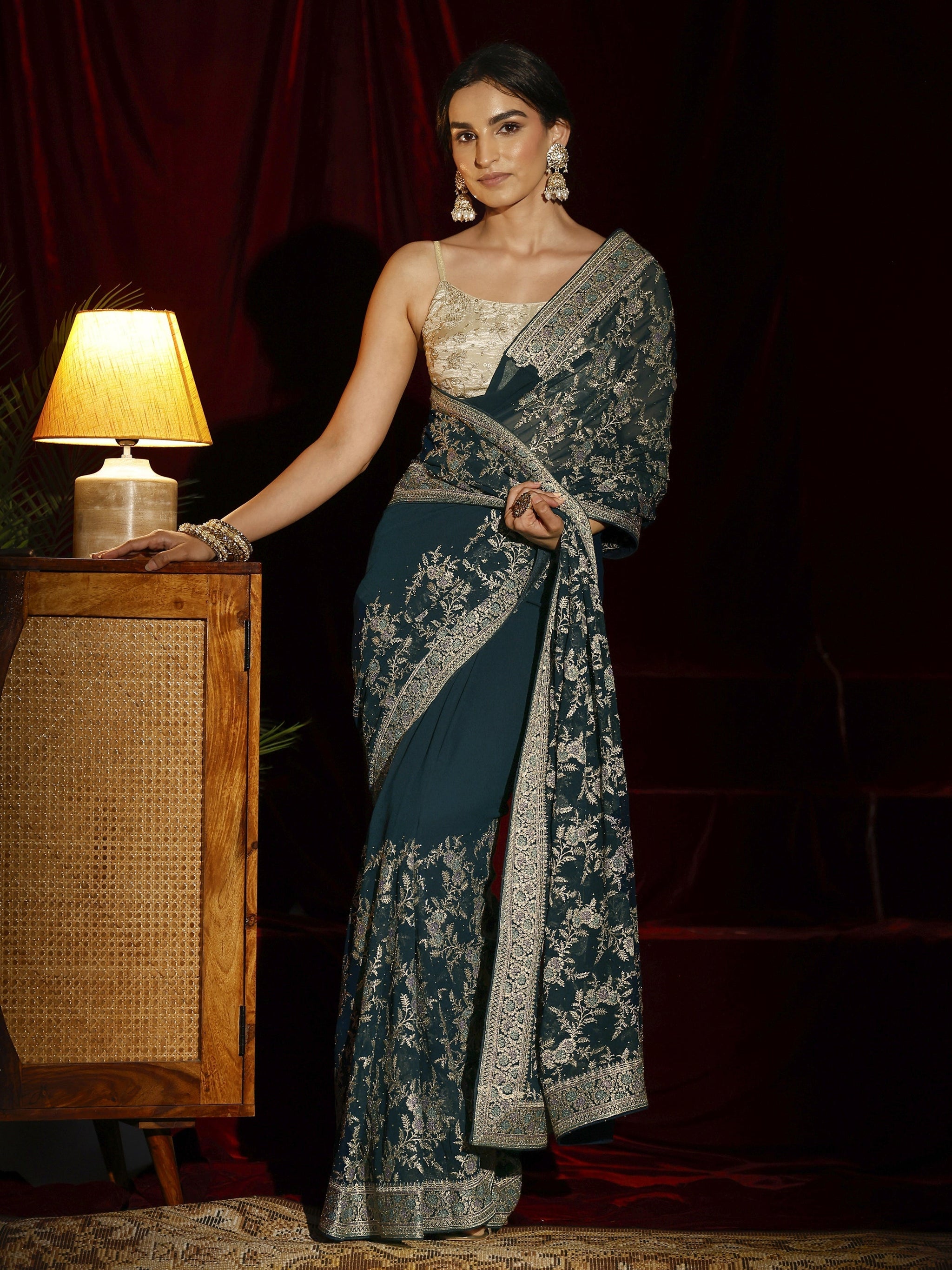 Libas Blue Floral Embroidered Georgette Saree