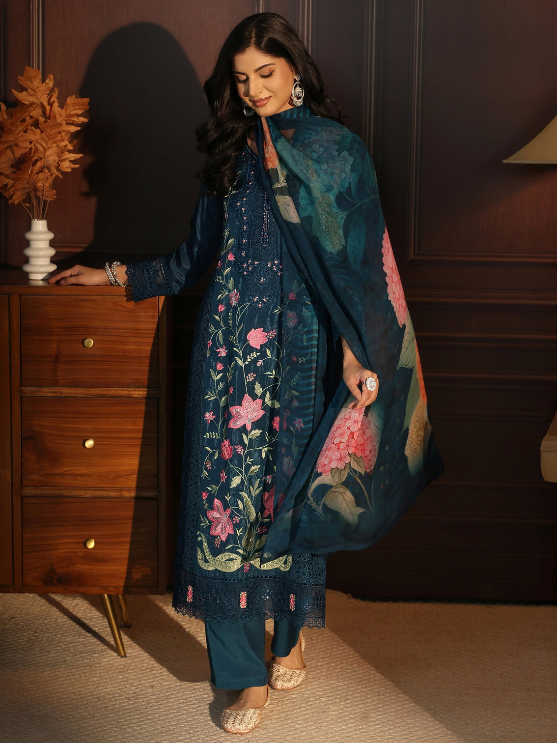Mameraa Blue Floral Embroidered Organza Straight Suit Set