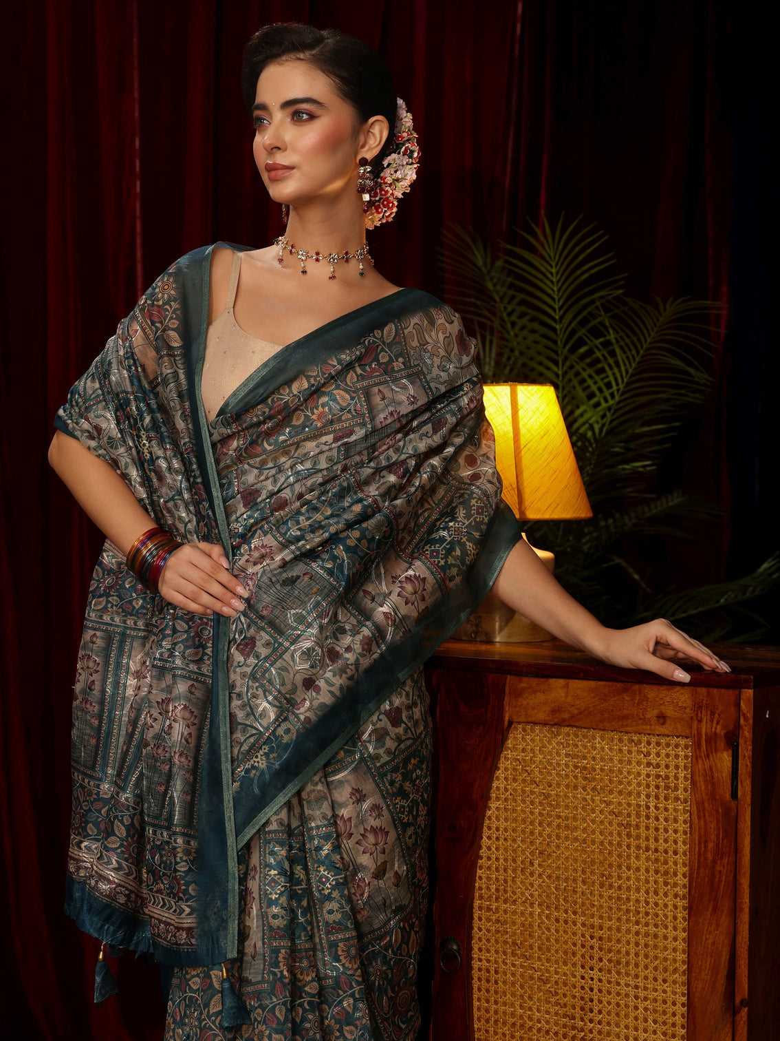 Mameraa Blue Floral Embroidered Silk Blend Saree