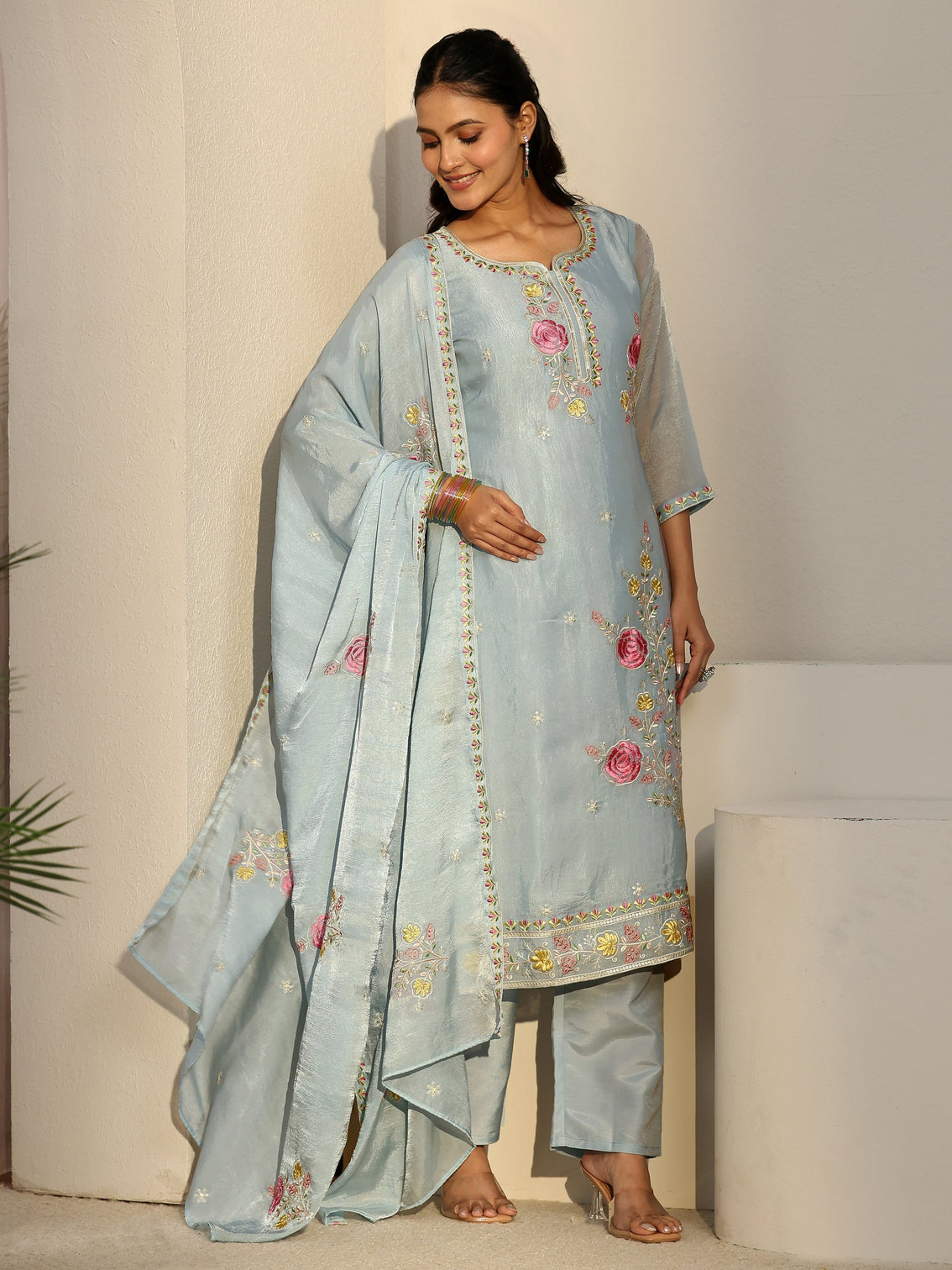 Mameraa Blue Floral Embroidered Silk Blend Straight Suit Set