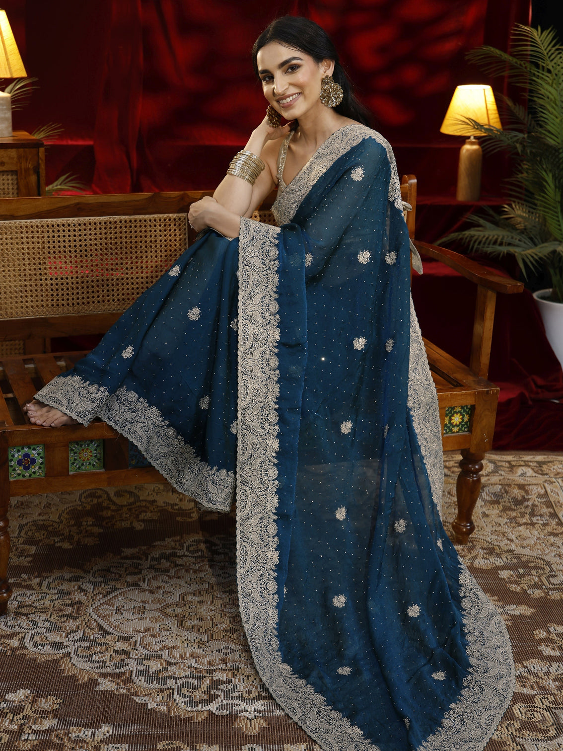 Mameraa Blue Floral Embroidered Tissue Saree