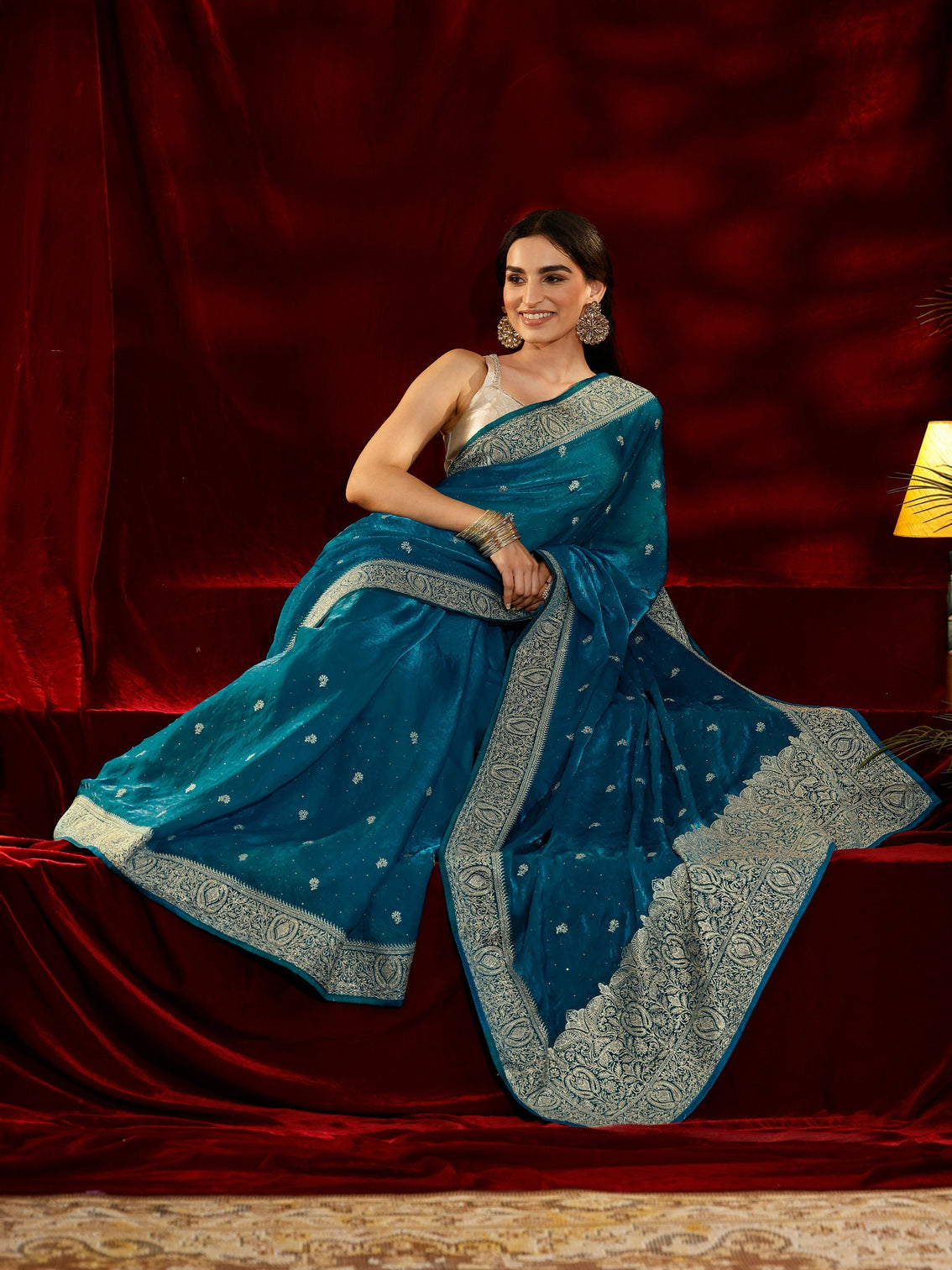 Mameraa Blue Floral Embroidered Tissue Saree