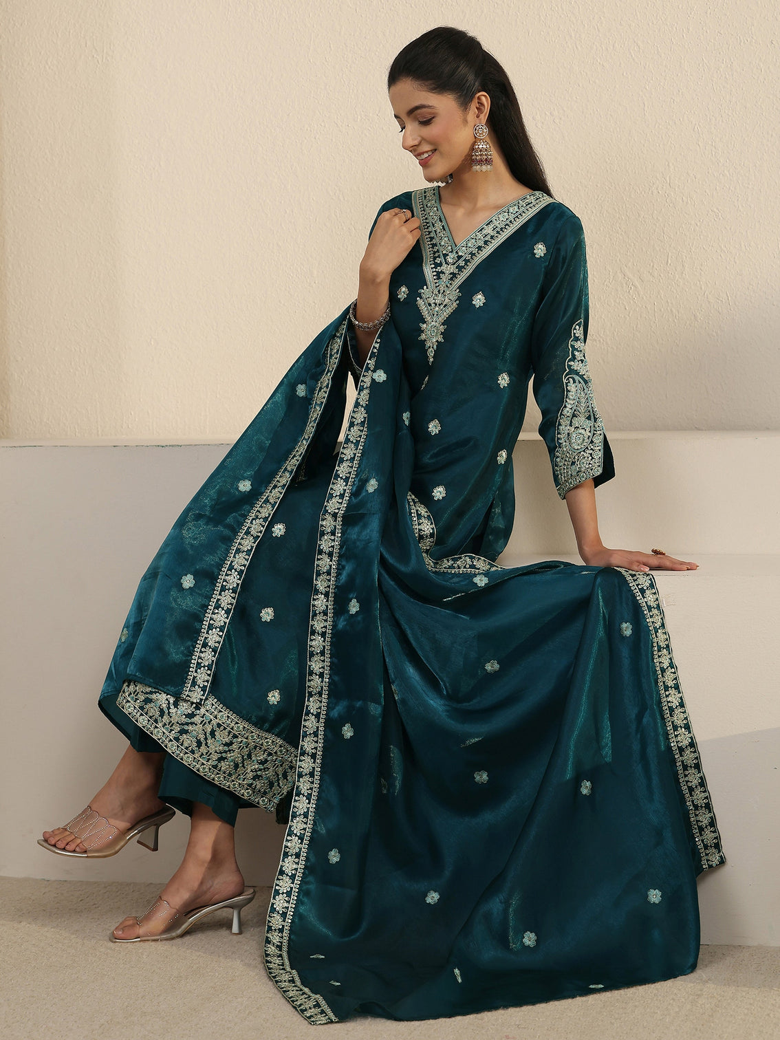 Mameraa Blue Floral Embroidered Tissue Straight Suit Set