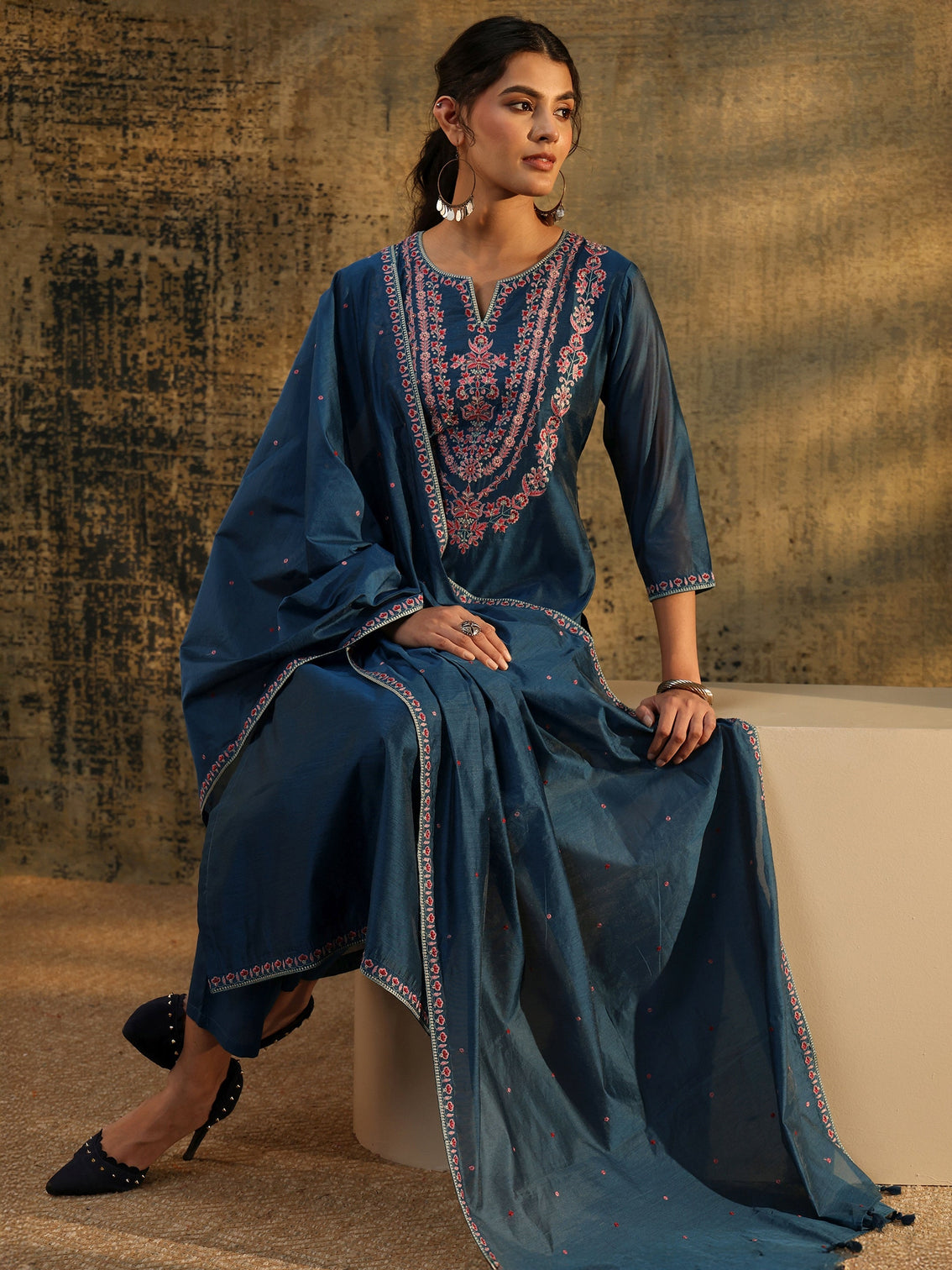Mameraa Blue Floral Embroidered Yoke Design Chanderi Silk Straight Suit Set