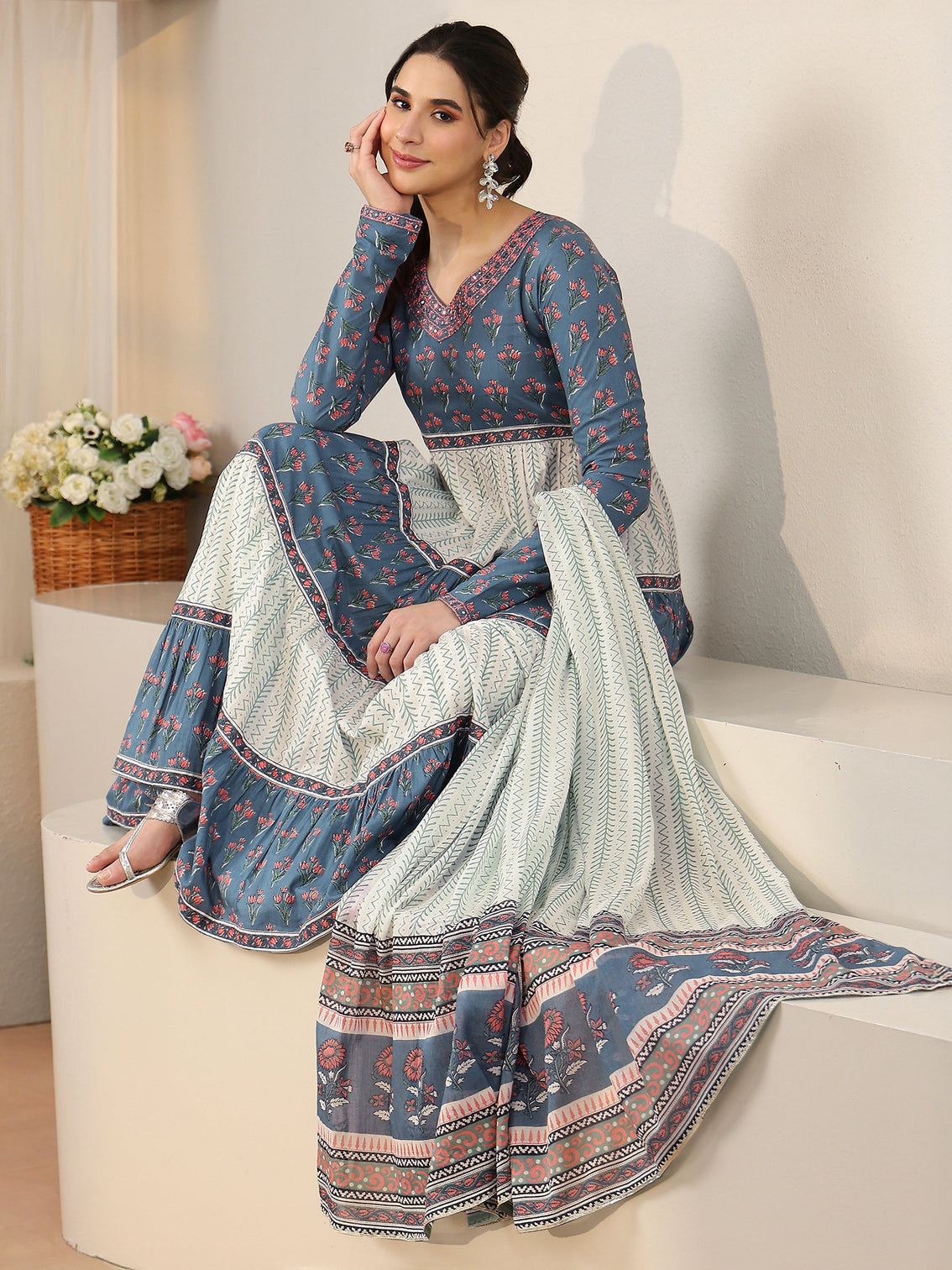 Mameraa Blue Floral Printed Cotton Anarkali Suit Set