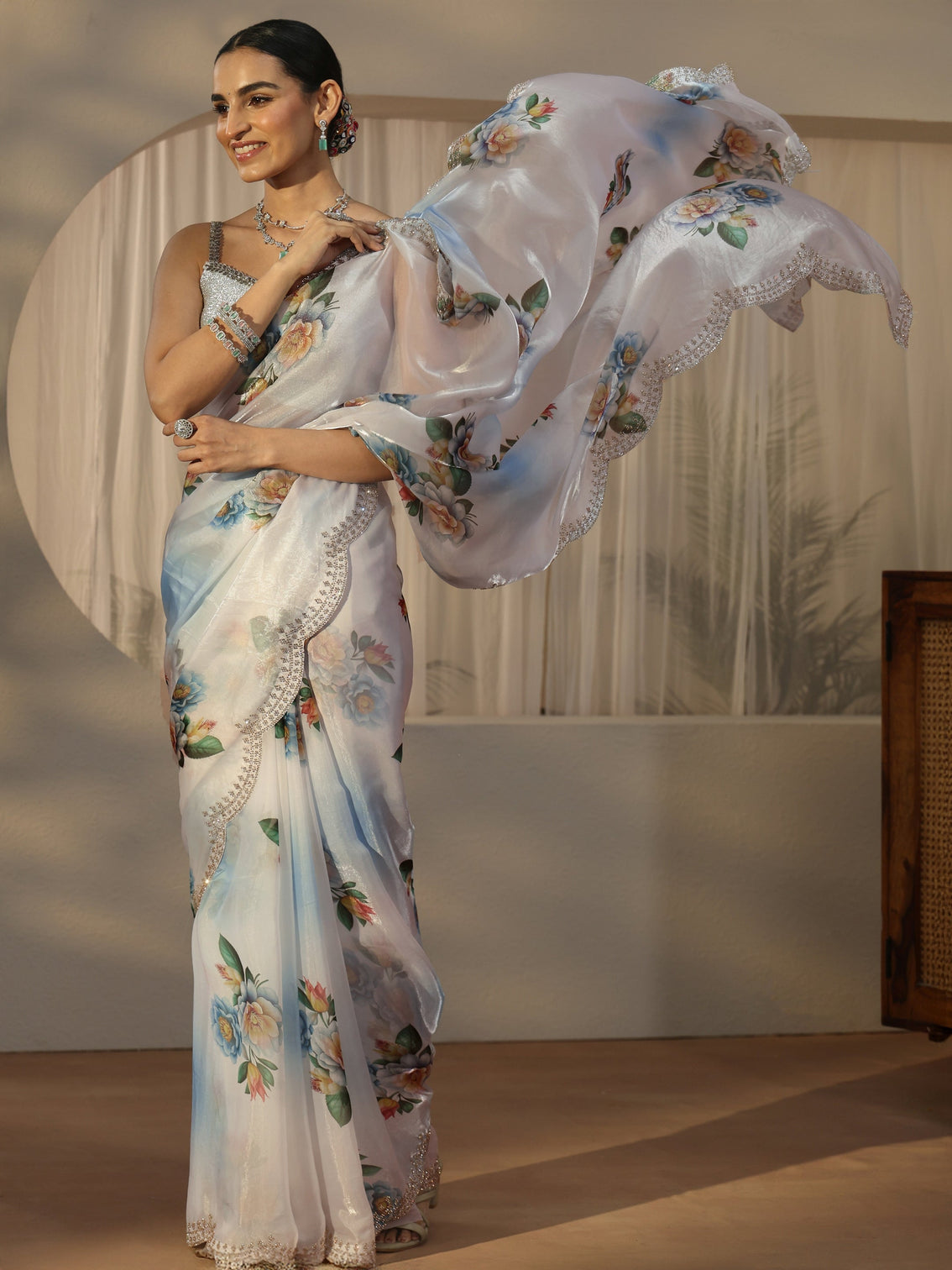 Mameraa Blue Floral Printed Satin Saree with Embellished Border