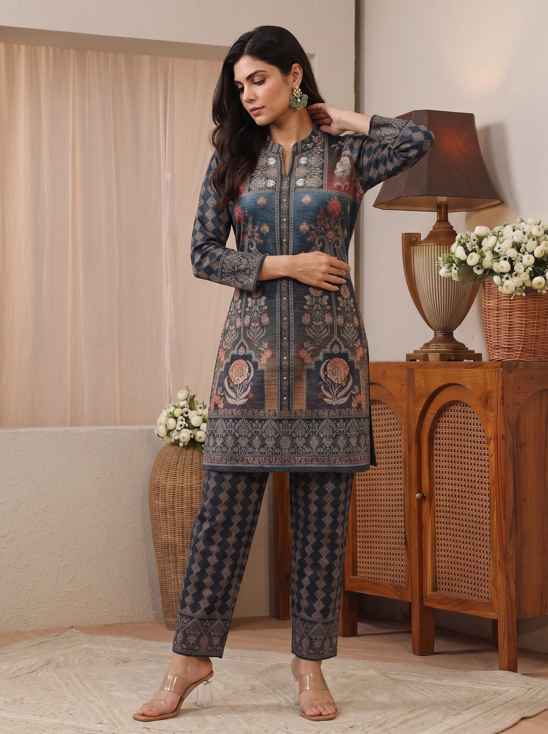Mameraa Blue Floral Printed Woolen Co-Ord Set