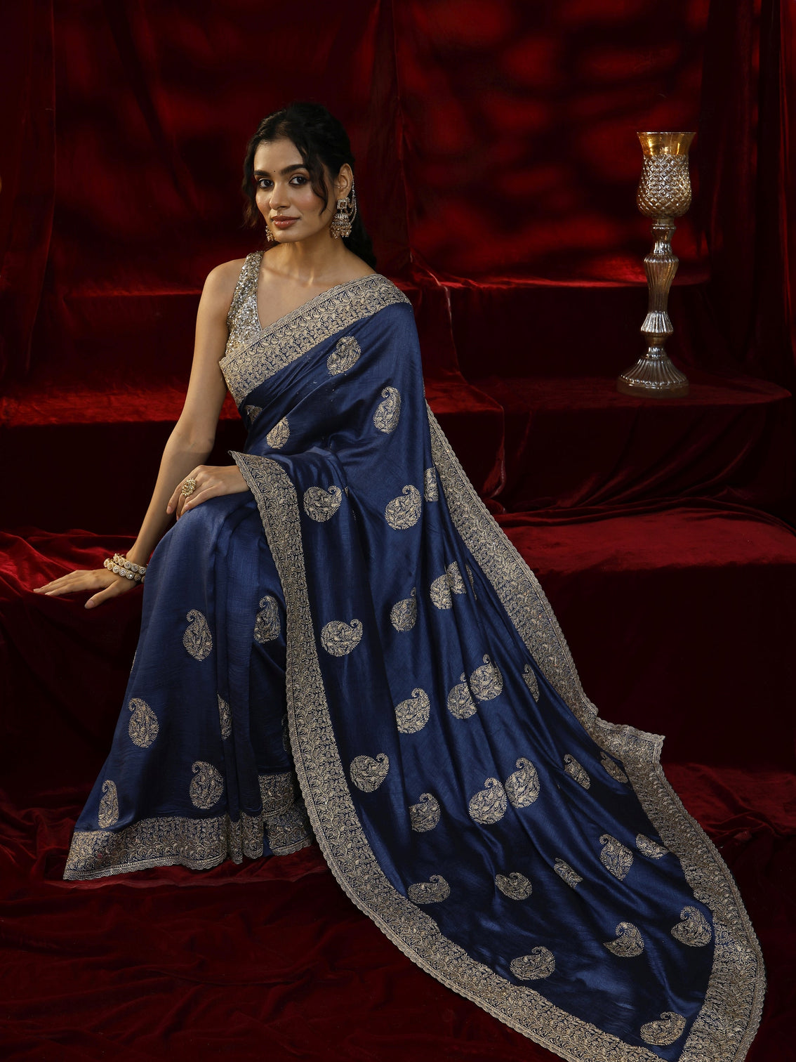 Mameraa Blue Paisley Embroidered Silk blend Saree