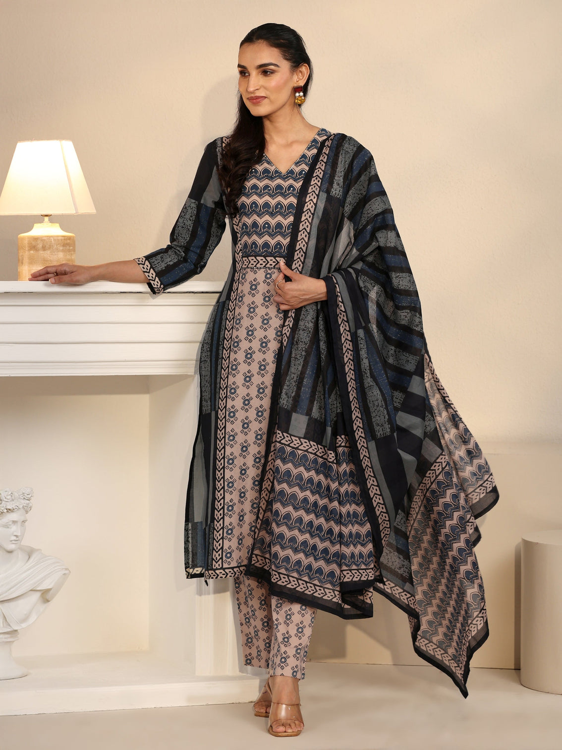 Mameraa Blue Printed Cotton Straight Suit Set