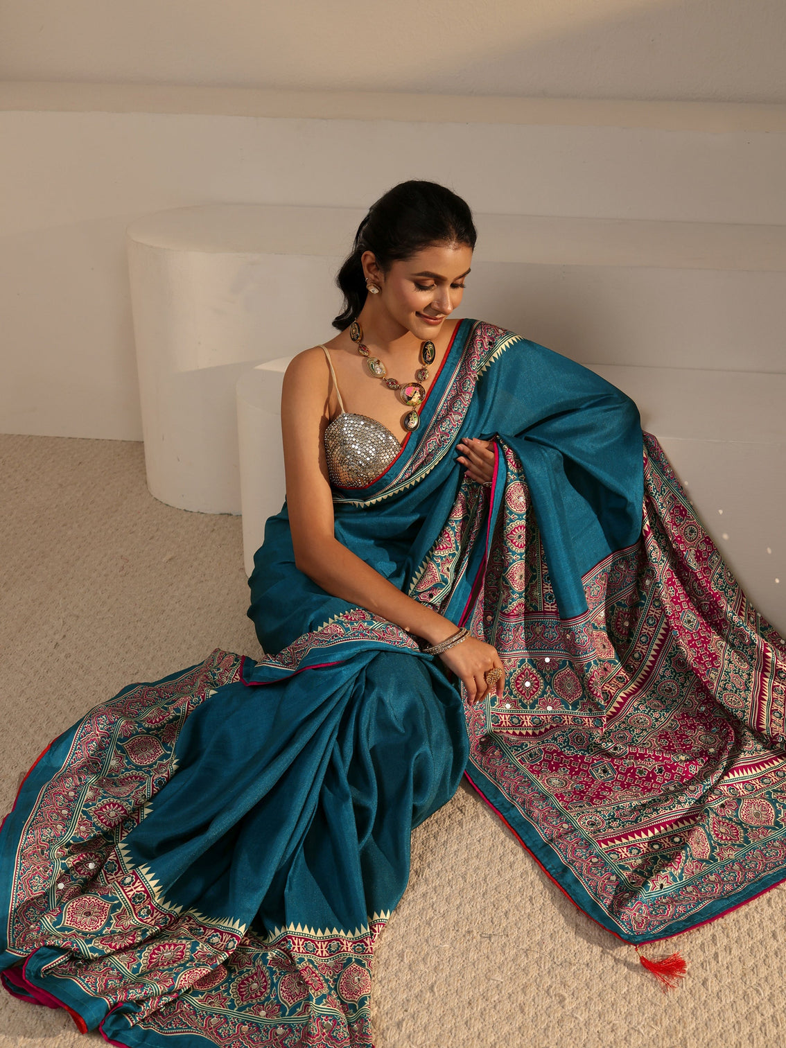 Mameraa Blue Silk Blend Saree with Ajrakh Printed Pallu