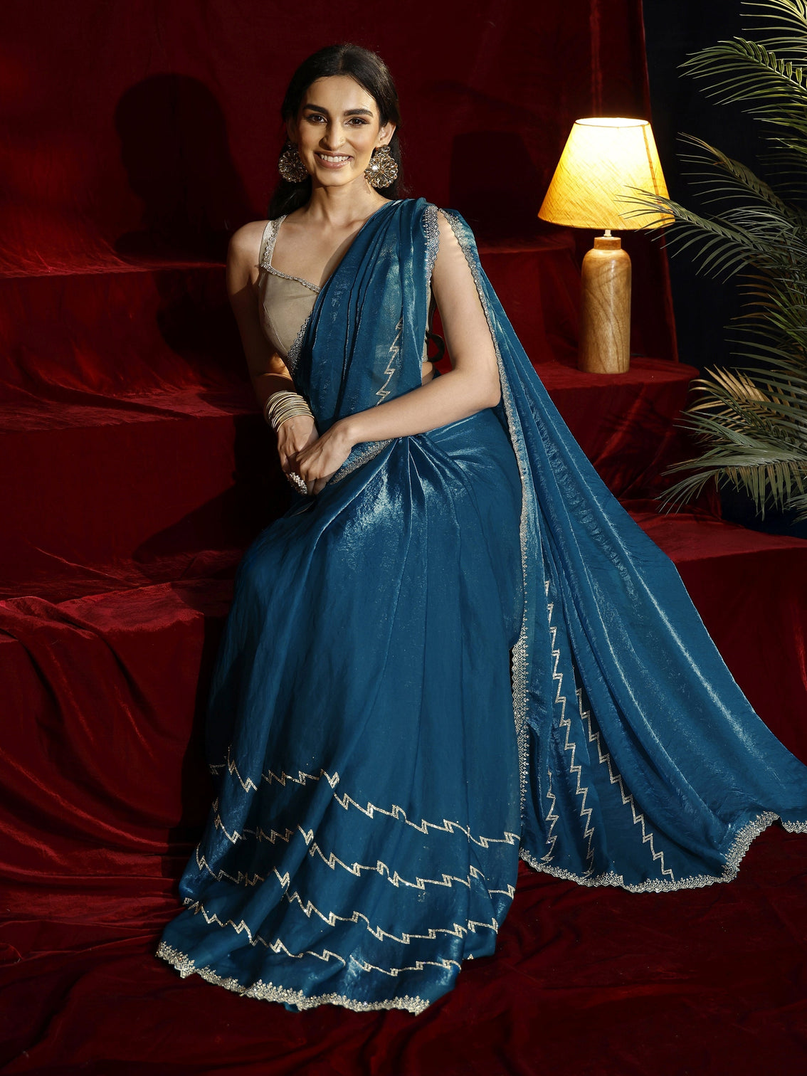 Mameraa Blue Solid Tissue Saree