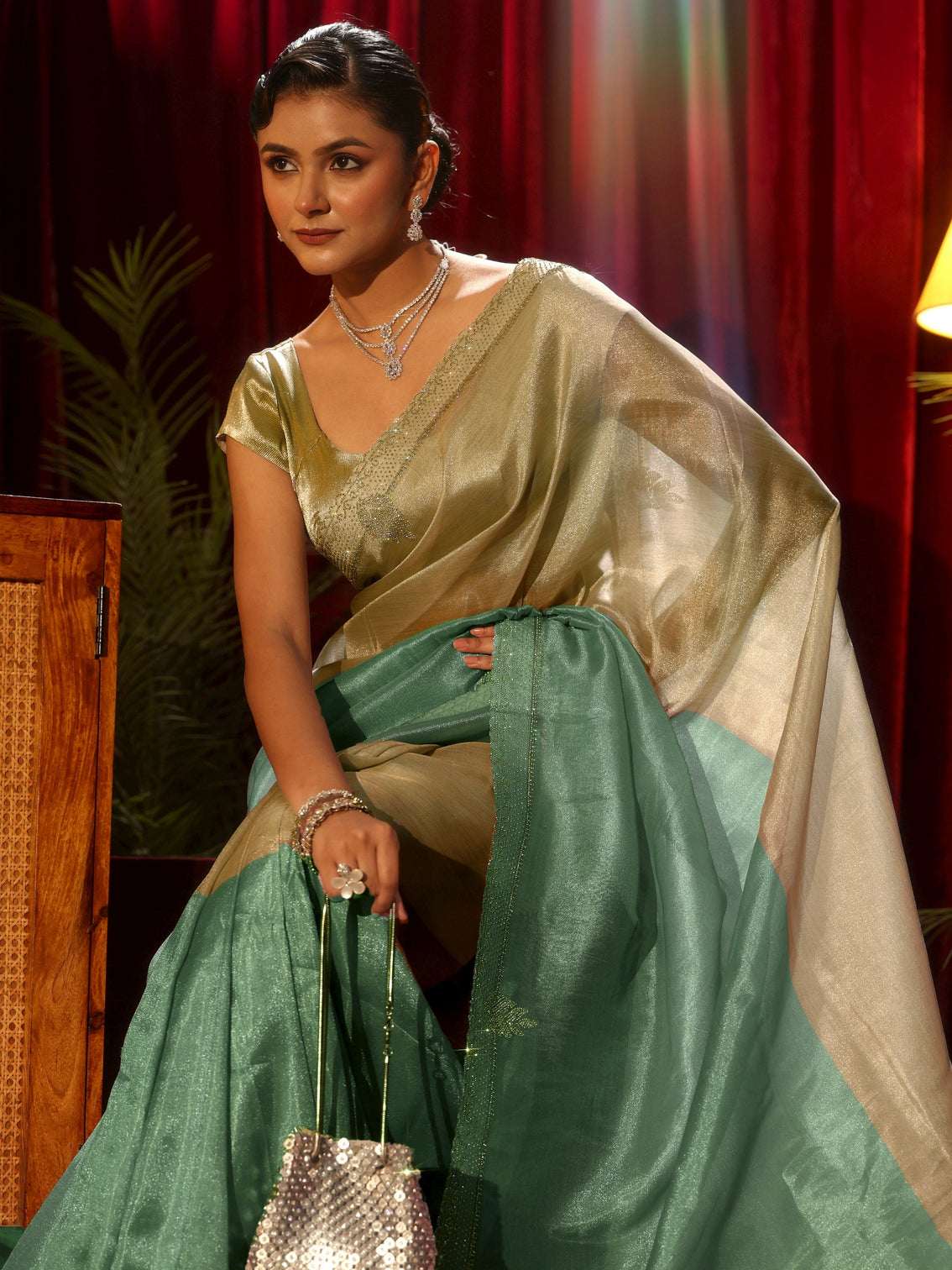 Mameraa Blue Solid Tissue Saree