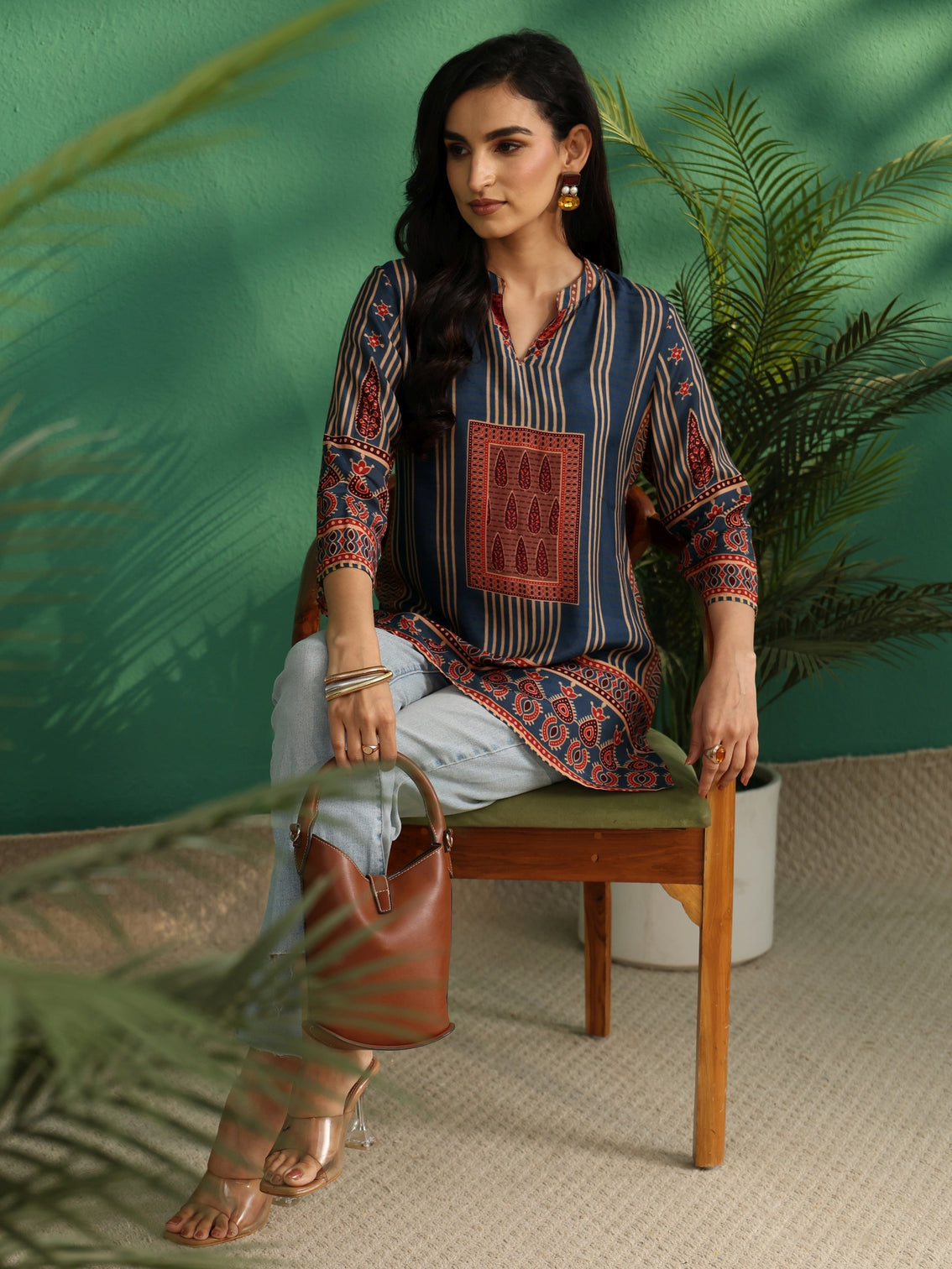 Mameraa Blue Striped Silk Blend Short Kurti