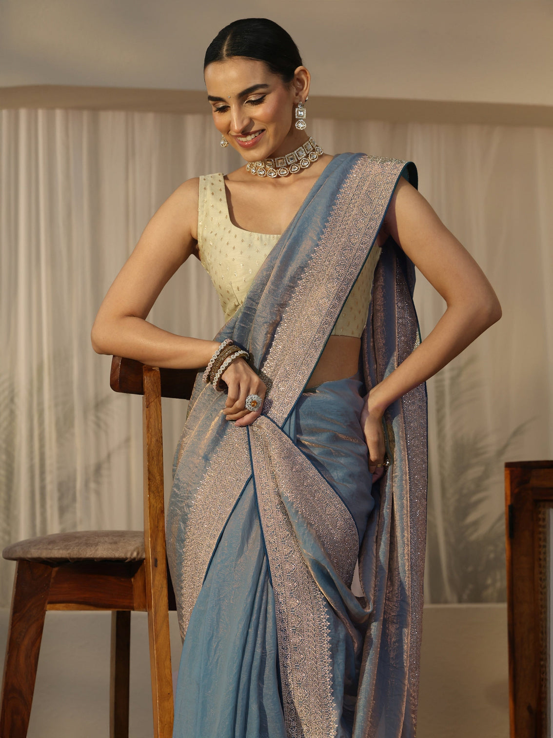 Mameraa Blue Tissue Saree with Embellished Border