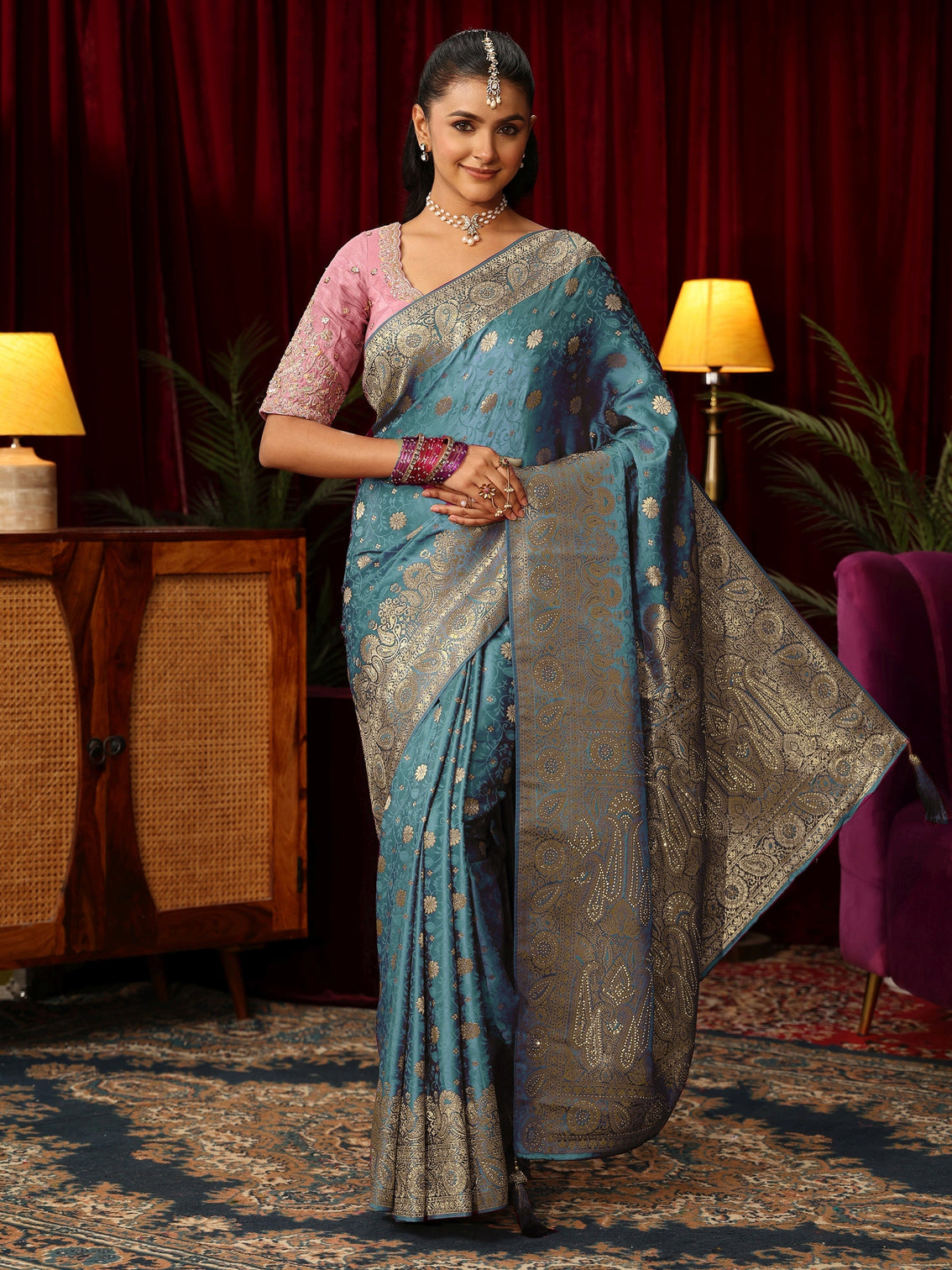 Mameraa Blue Woven Design Silk Blend Saree with Stone Work