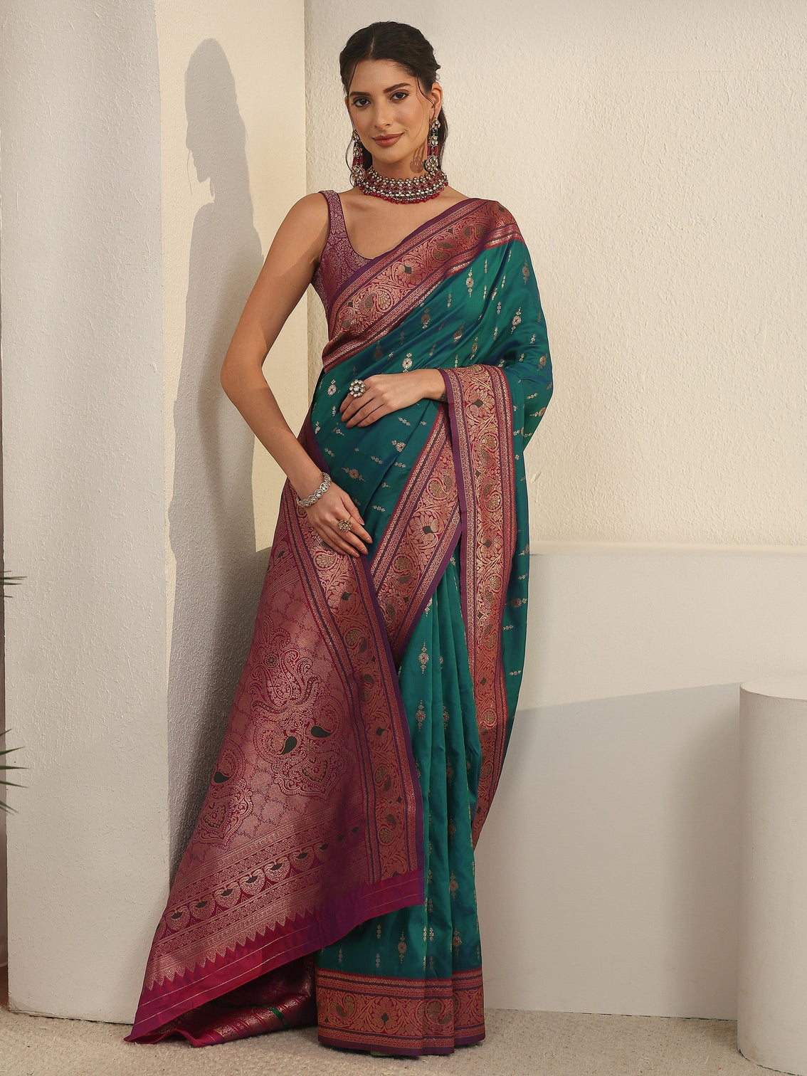 Mameraa Blue and Pink Woven Design Silk Blend Saree