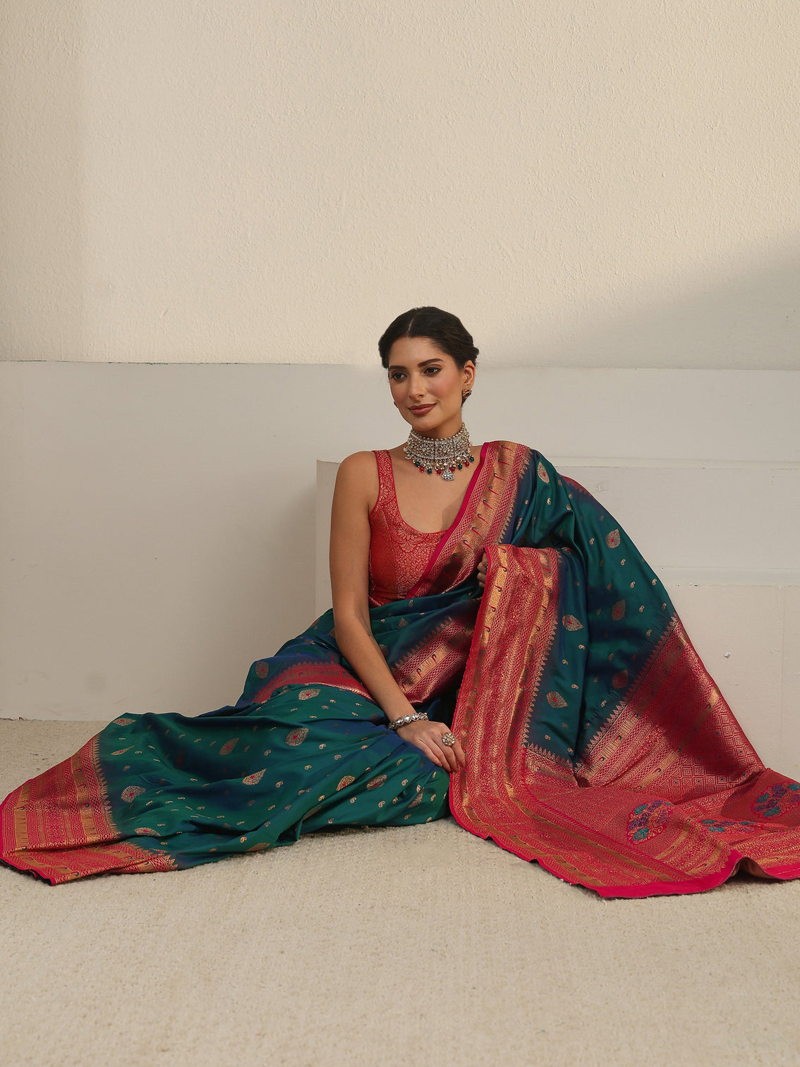 Mameraa Blue and Red Woven Design Silk Blend Saree