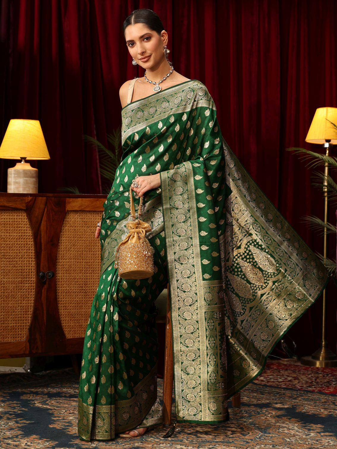 Mameraa Bottle Green Banarasi Silk Blend Saree with Stone Work