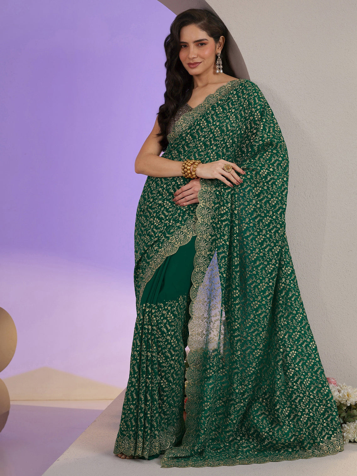 Mameraa Bottle Green Floral Embroidered Georgette Saree