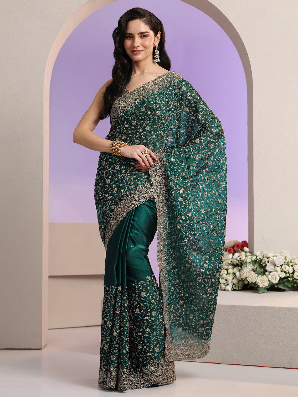 Mameraa Bottle Green Floral Embroidered Georgette Saree