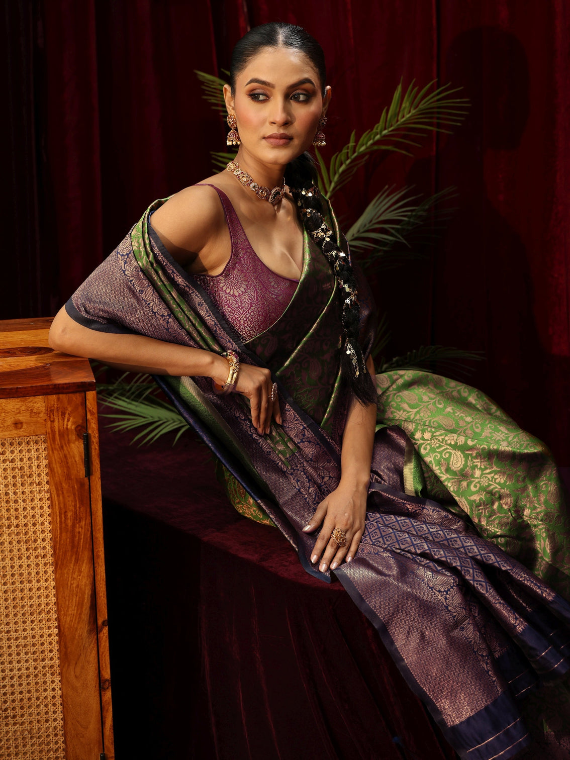Mameraa Bottle Green Floral Woven Design Silk Blend Saree