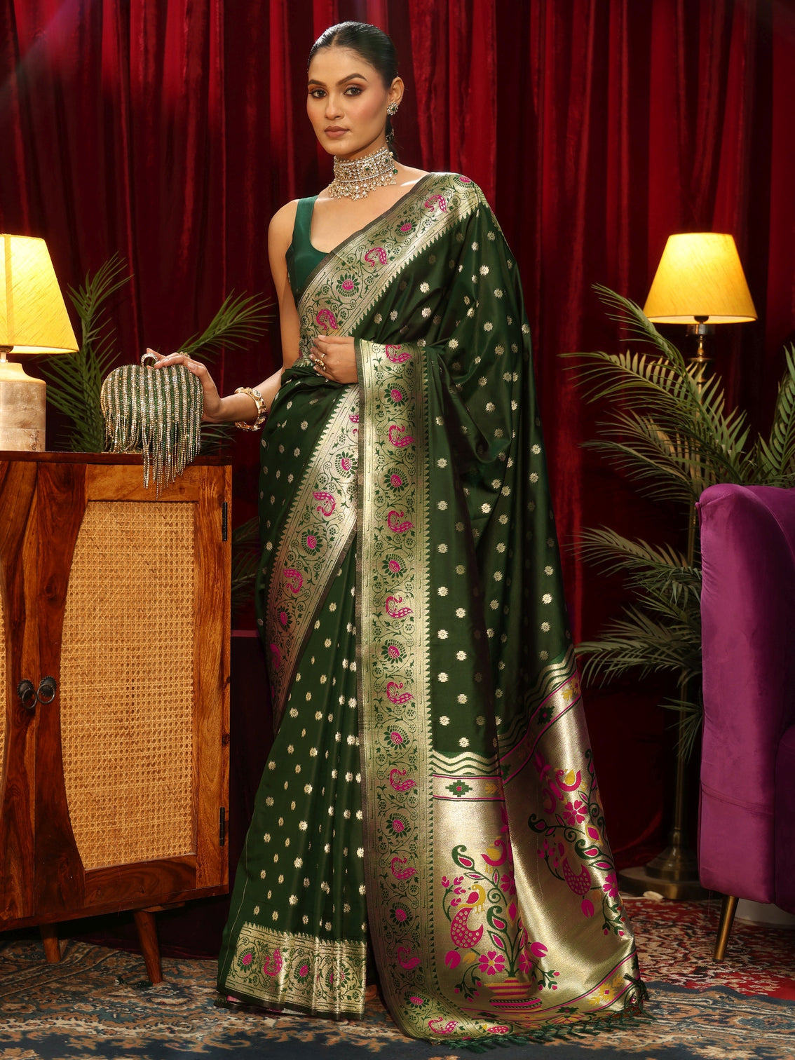 Mameraa Bottle Green Silk Blend Paithani Tassel Saree