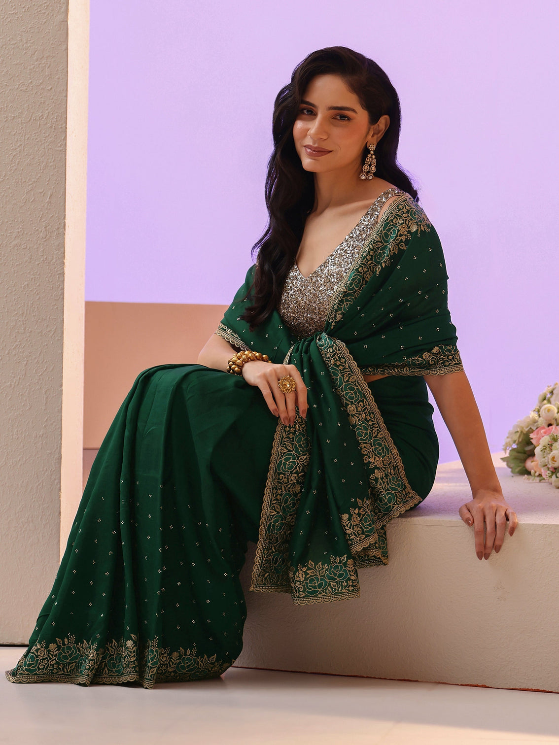 Mameraa Bottle Green Stone Work Embelllished Silk Blend Saree