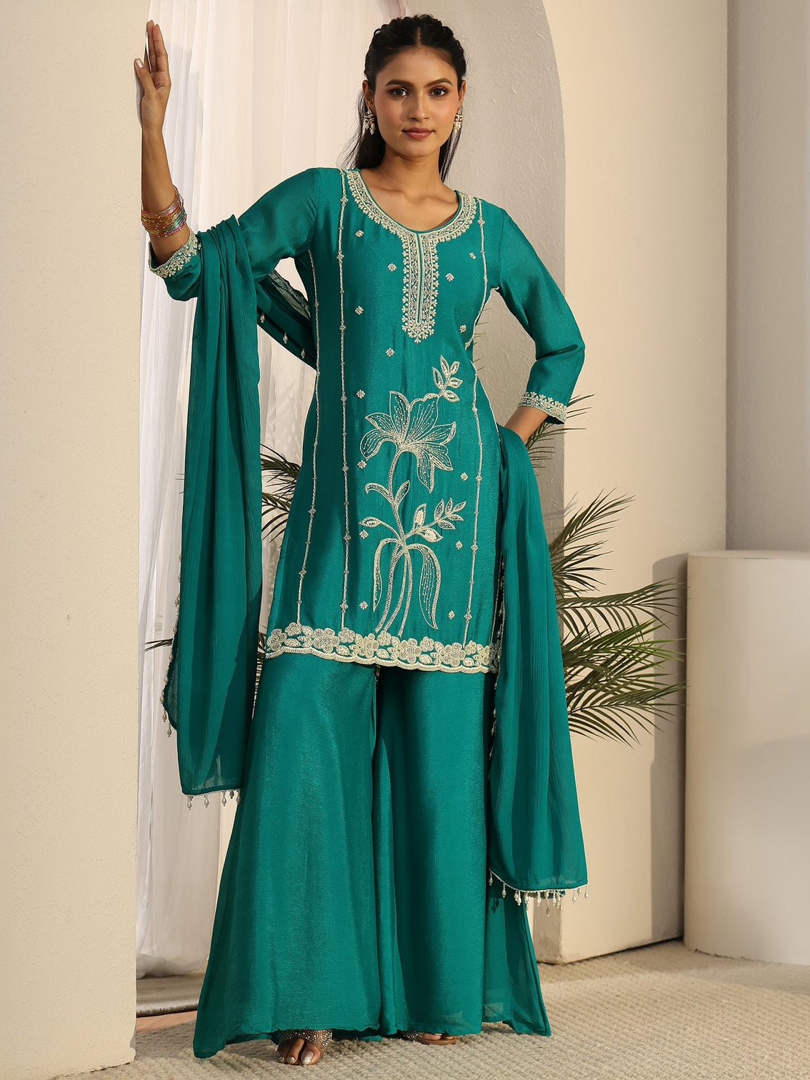 Mameraa Bright Teal Blue Floral Embellished Chinon Palazzo Suit Set