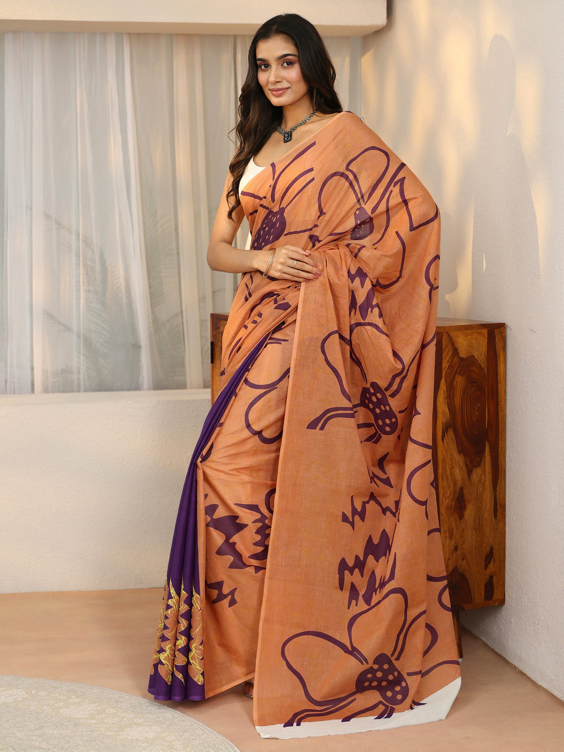 Mameraa Brown Abstract Printed Cotton Saree
