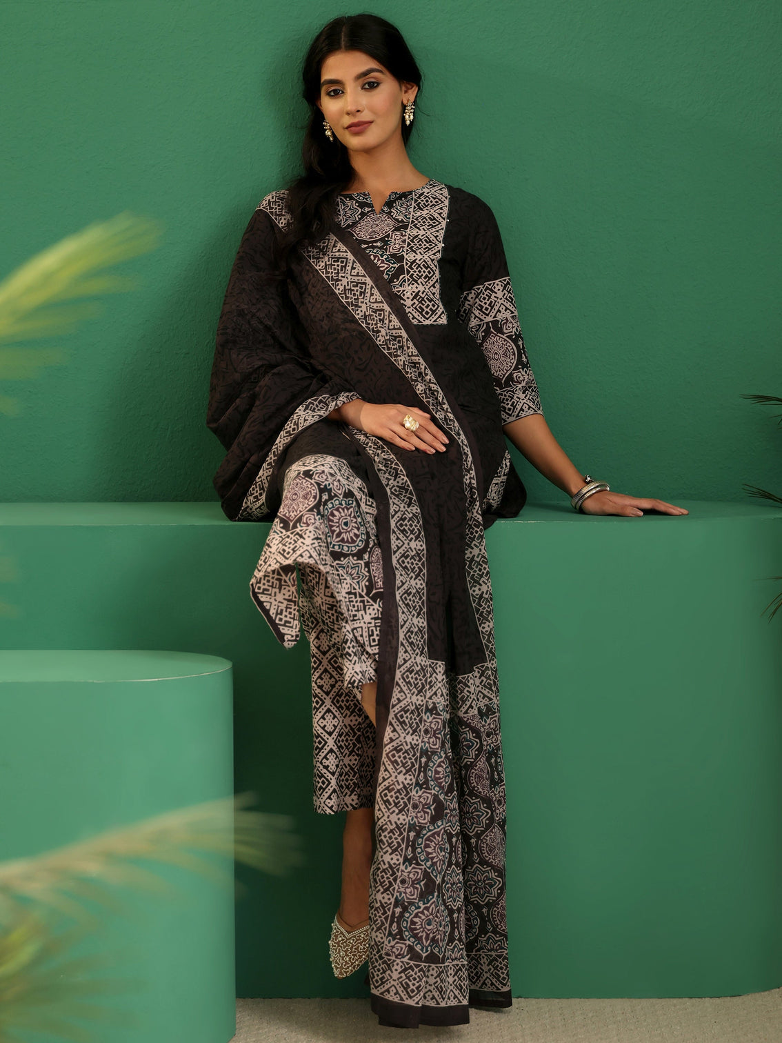 Mameraa Brown Ajrakh Cotton Straight Suit Set