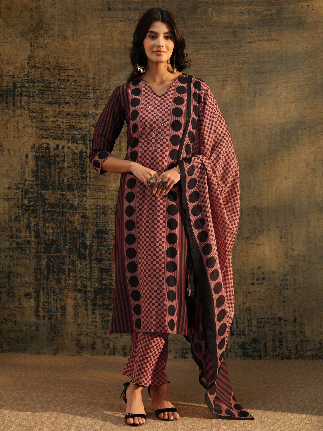 Mameraa Brown Ajrakh Printed Cotton Straight Suit Set
