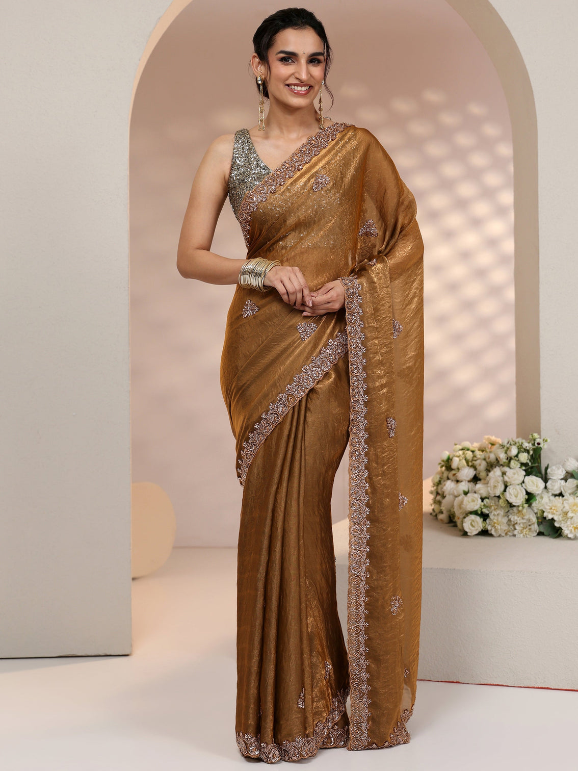 Mameraa Brown Embellished Tissue Saree