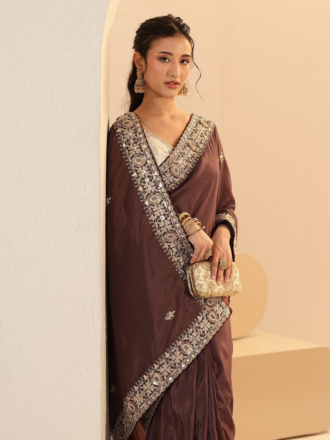 Mameraa Brown Embroidered Silk Blend Saree