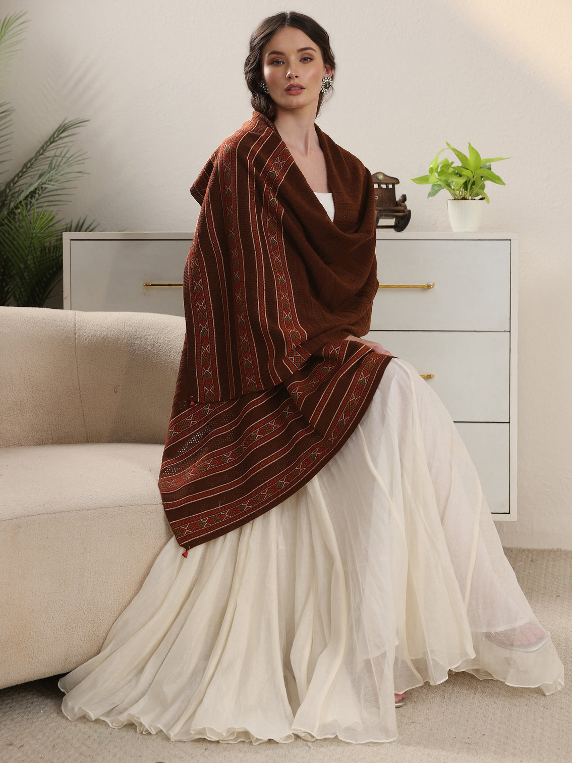 Mameraa Brown Ethnic Striped Knitted Acrylic Wrap Shawl